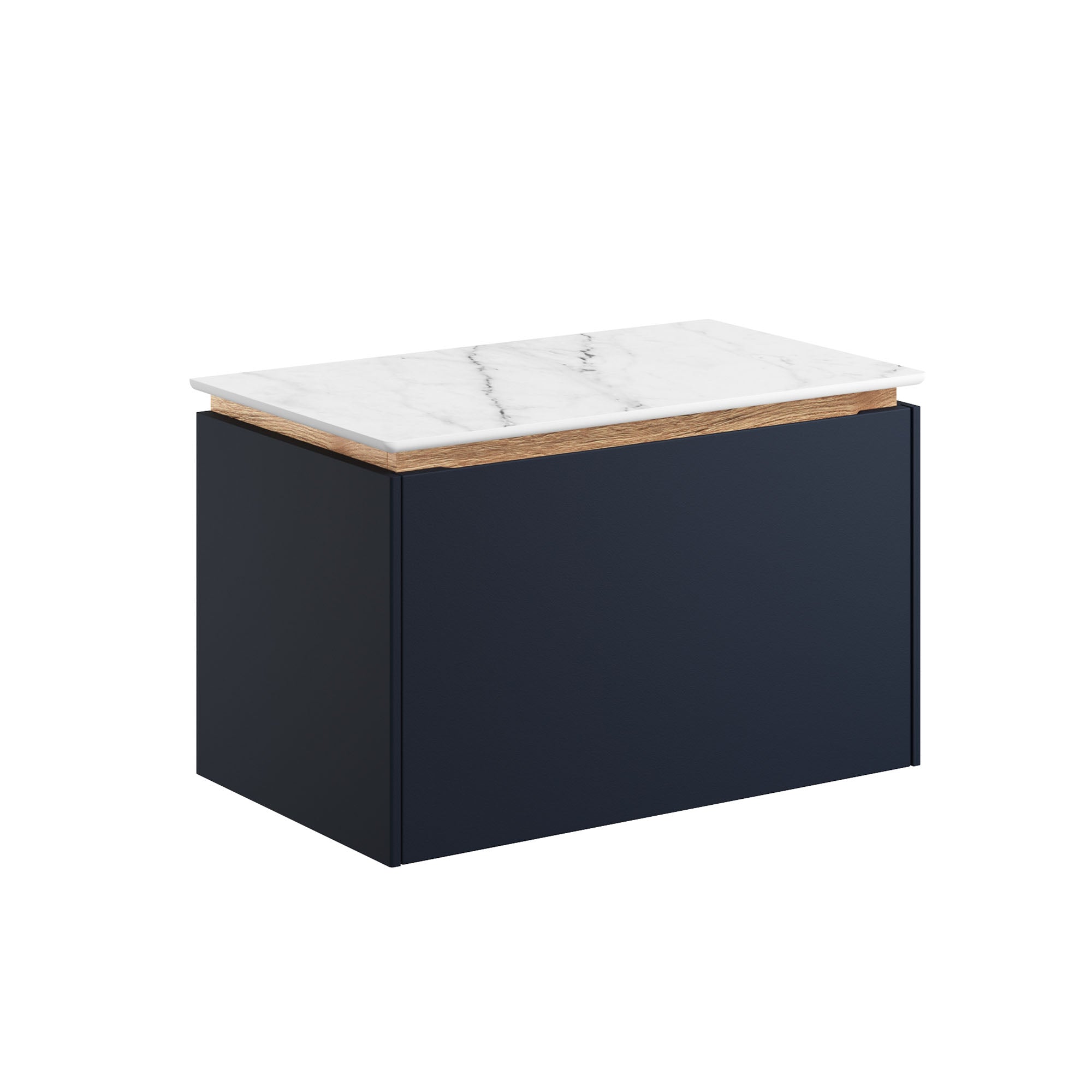 crosswater mada 600 wall mounted vanity unit with carrara marble effect worktop indigo blue