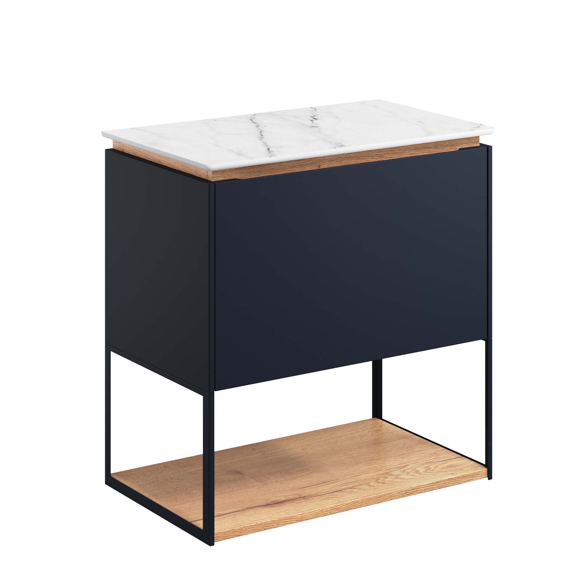 crosswater mada 600 wall mounted vanity unit with carrara marble effect worktop shelf and frame indigo blue