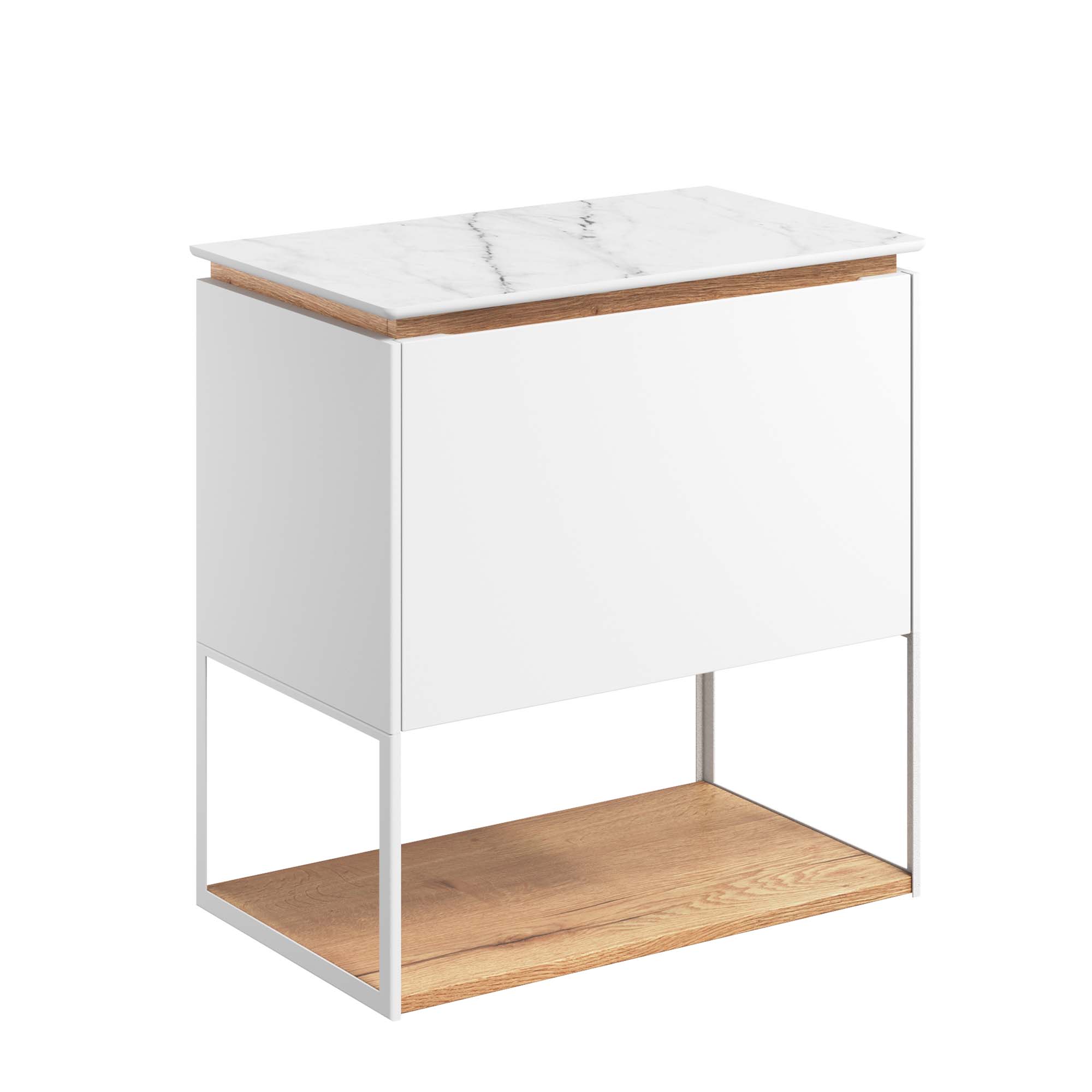 crosswater mada 600 wall mounted vanity unit with carrara marble effect worktop shelf and frame matt white