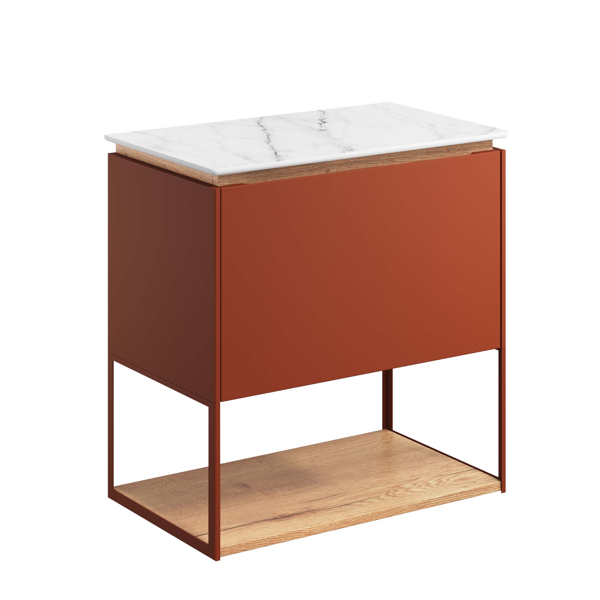 crosswater mada 600 wall mounted vanity unit with carrara marble effect worktop, shelf and frame soft clay