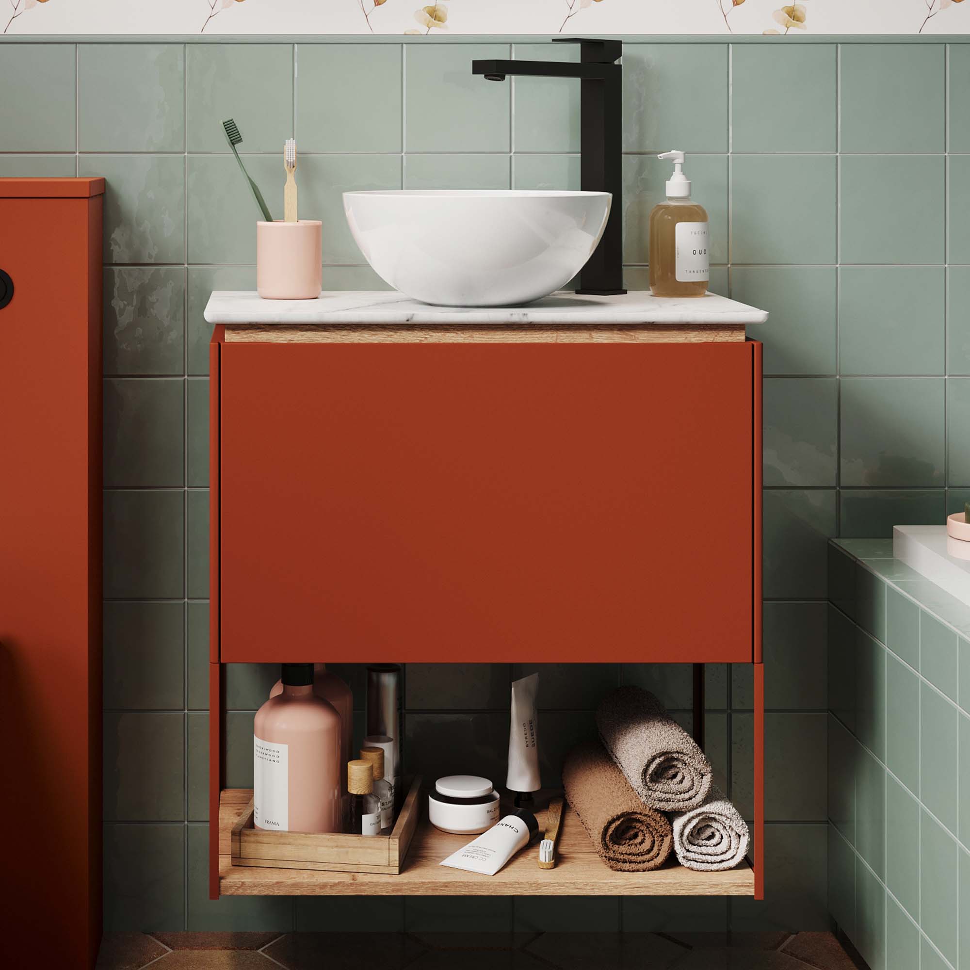 crosswater mada 600 wall mounted vanity unit with carrara marble worktop shelf and frame soft clay