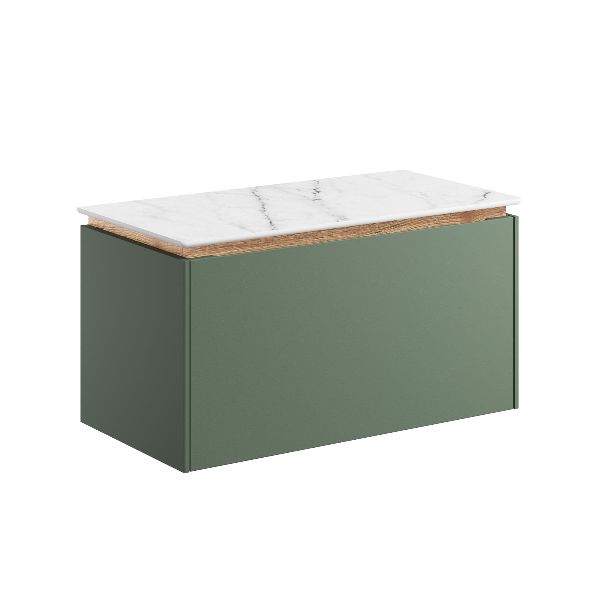 crosswater mada 700 wall mounted vanity unit with carrara marble effect worktop sage green