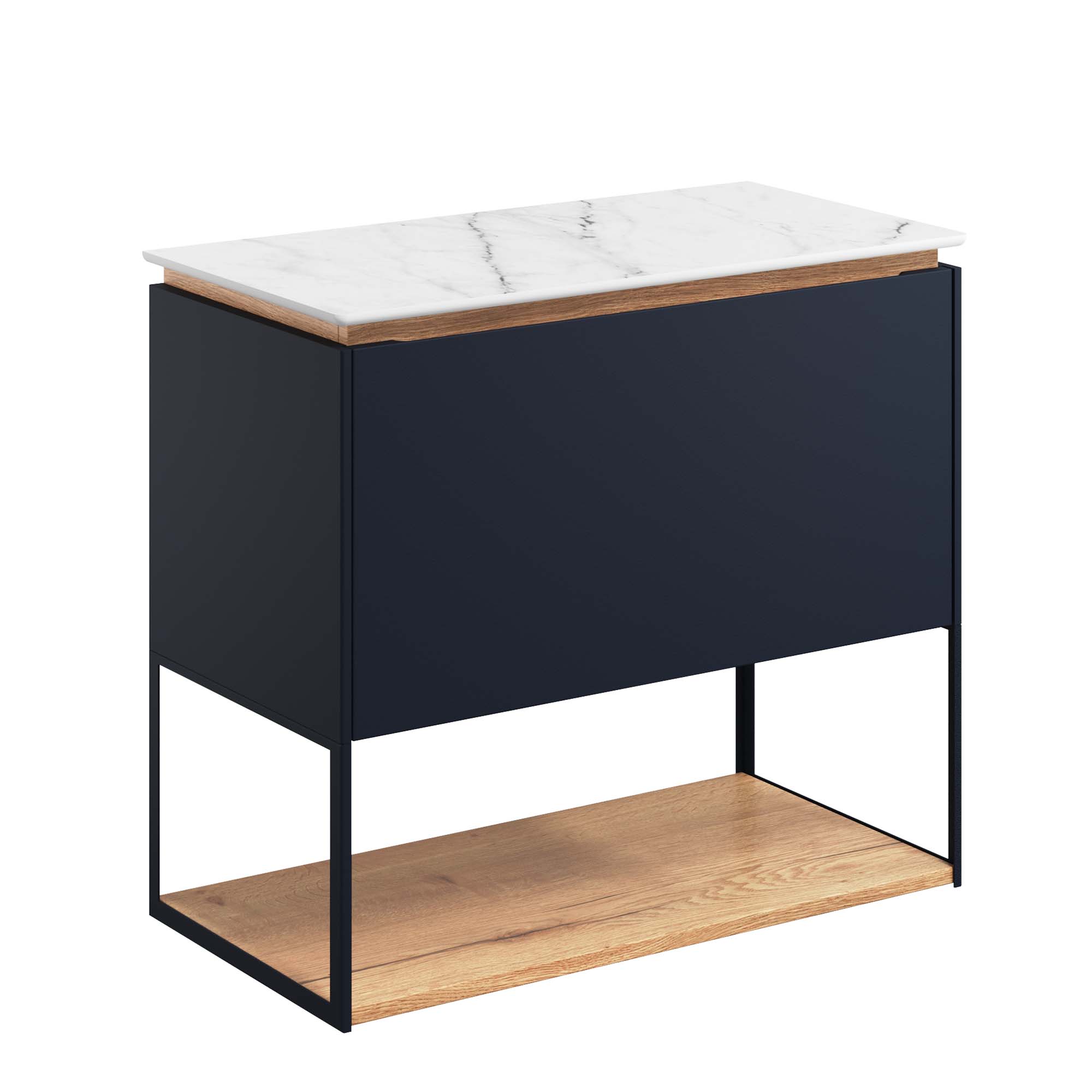 crosswater mada 700 wall mounted vanity unit with carrara marble effect worktop shelf and frame indigo blue