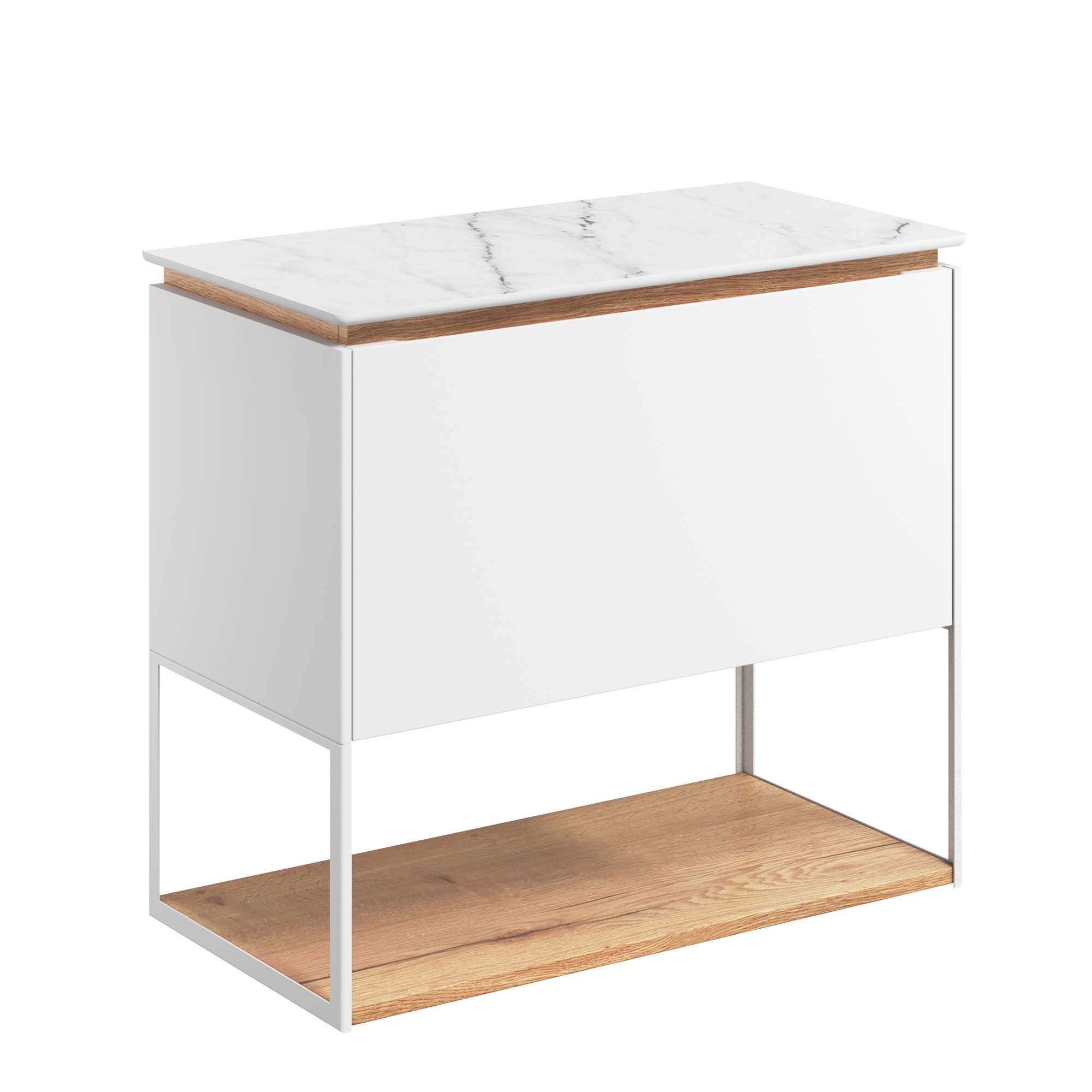 crosswater mada 700 wall mounted vanity unit with carrara marble effect worktop shelf and frame matt white