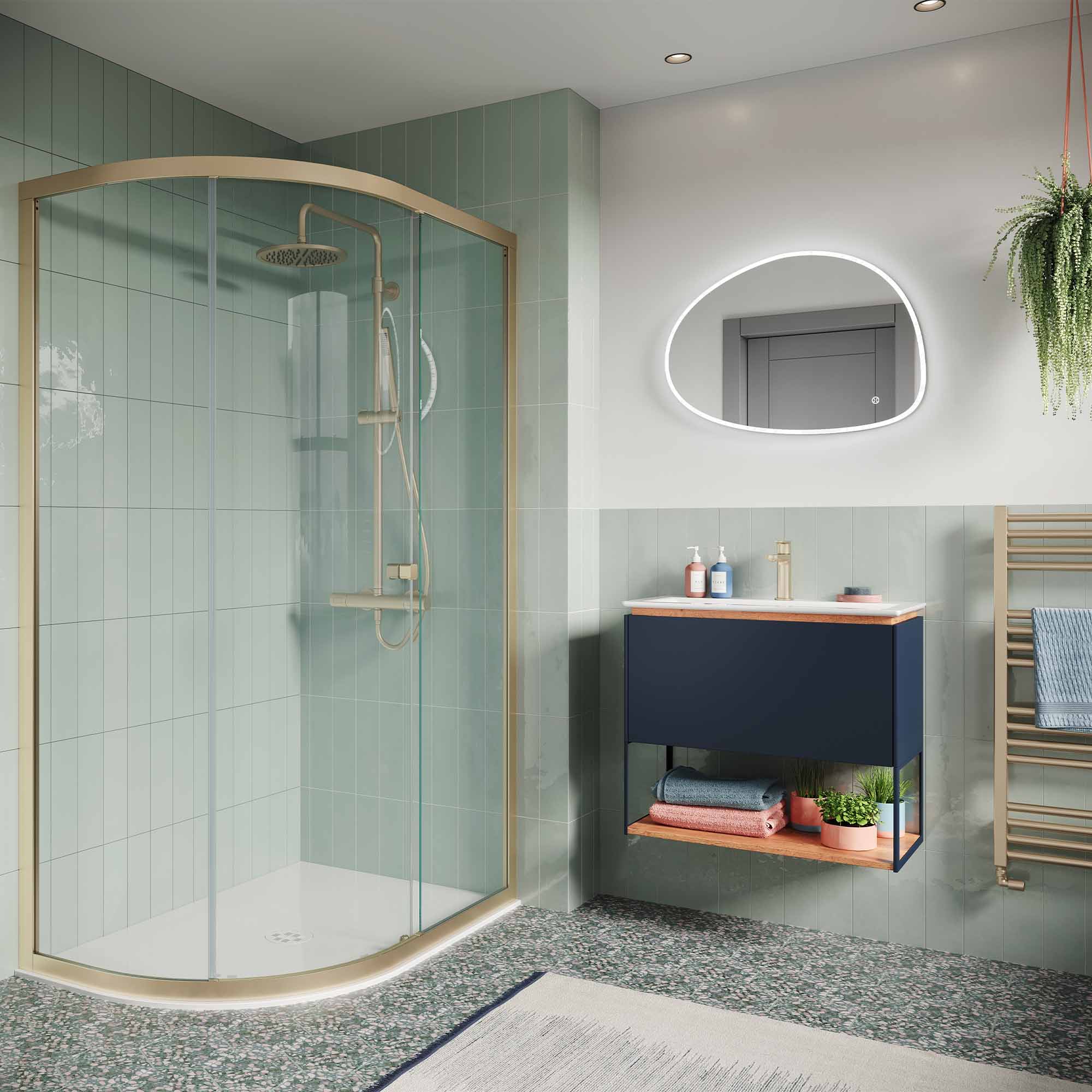 crosswater mada 700 wall mounted vanity unit with mineral marble basin, shelf and frame indigo blue