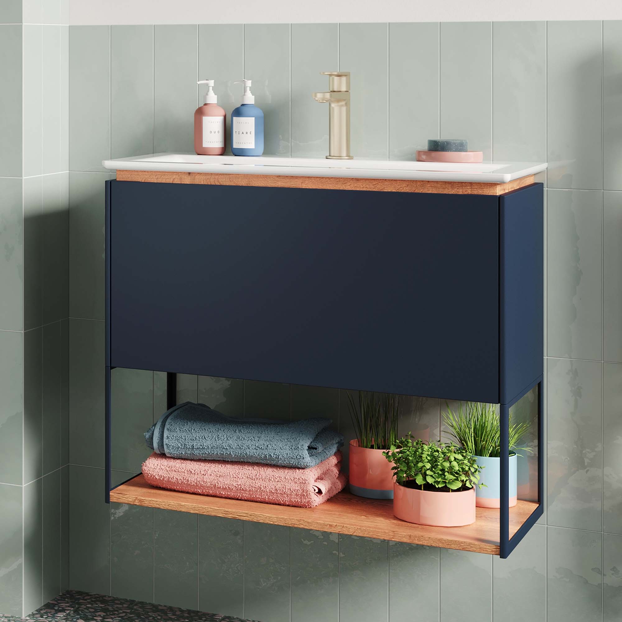 crosswater mada 700 wall mounted vanity unit with mineral marble basin, shelf and frame indigo blue