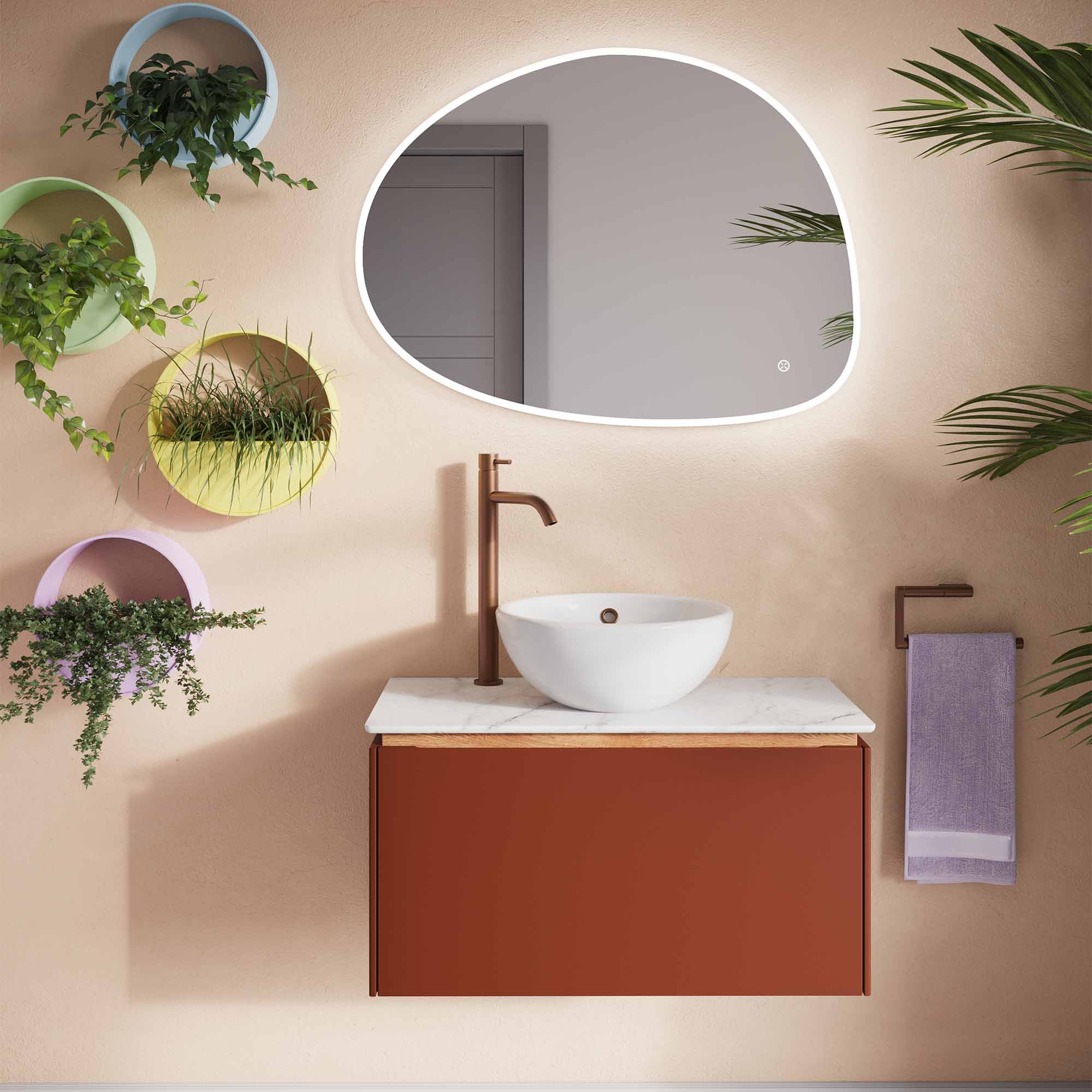 crosswater mada 600 wall mounted vanity unit with carrara marble effect worktop soft clay