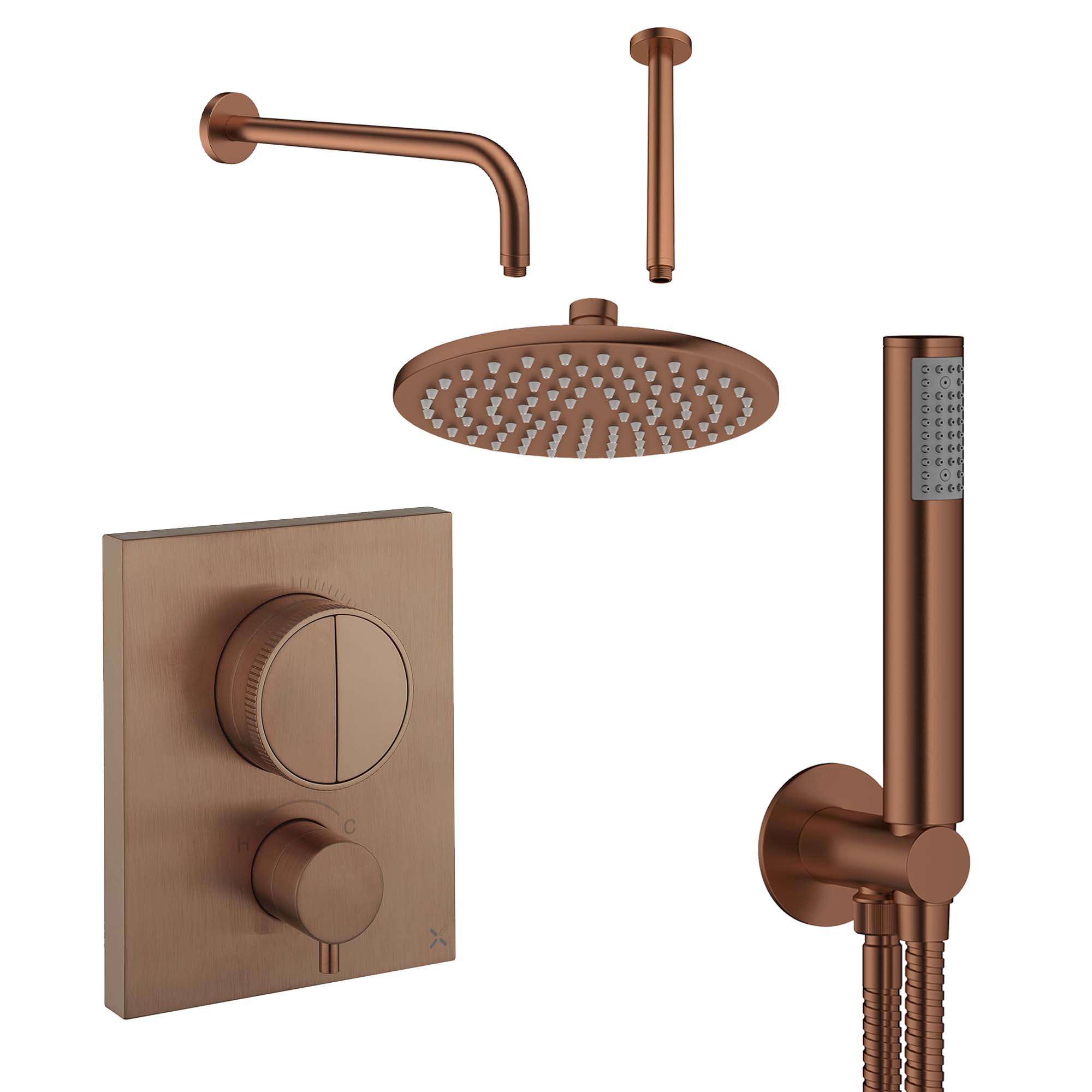 crosswater mpro 2 outlet push thermostatic shower valve with pencil handset and fixed overhead brushed bronze