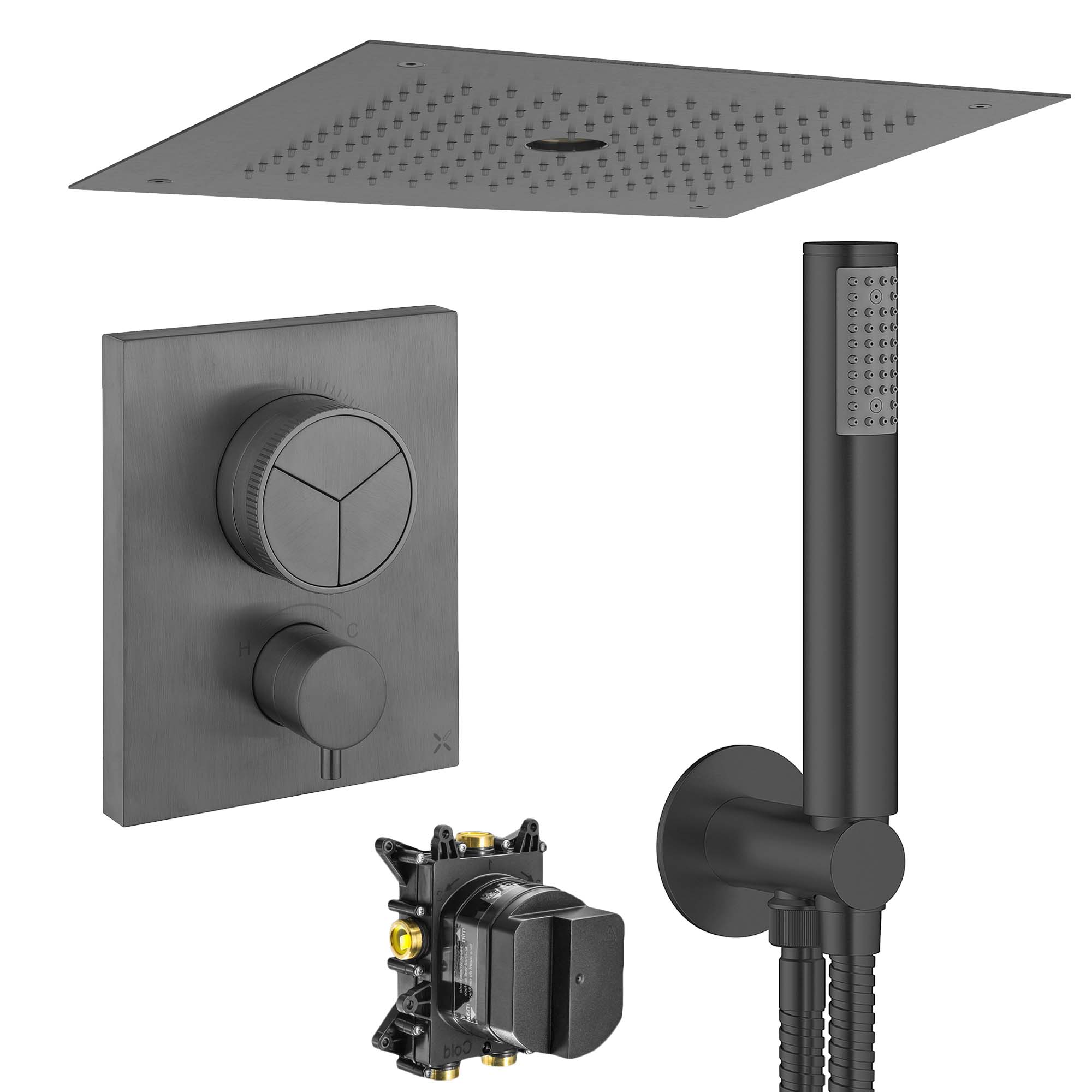 Crosswater MPRO 3 Outlet Push Button Thermostatic Shower Valve With Pencil Handset and Fixed Overhead Slate