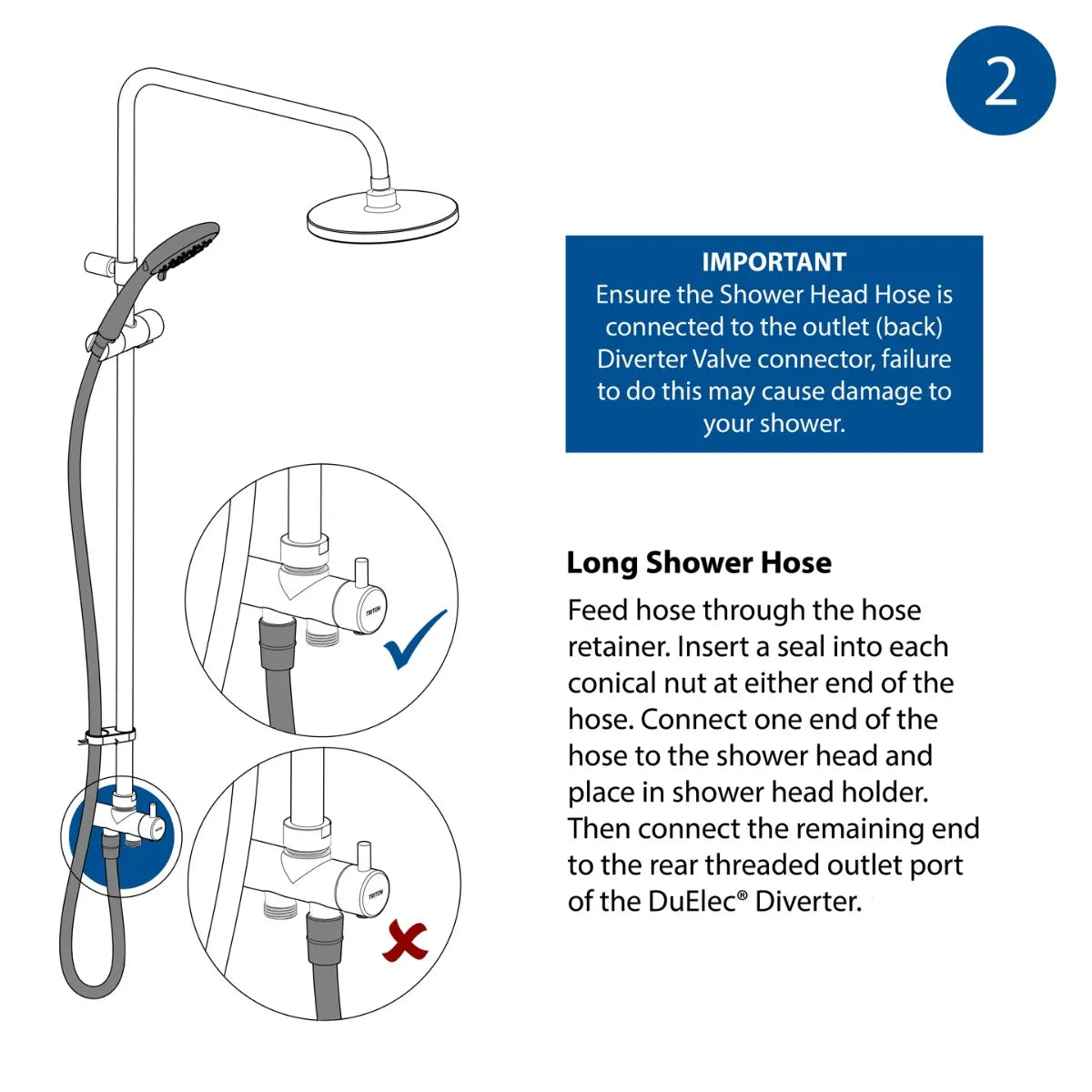 Diagram of a shower setup with instructions on connecting a long shower hose.