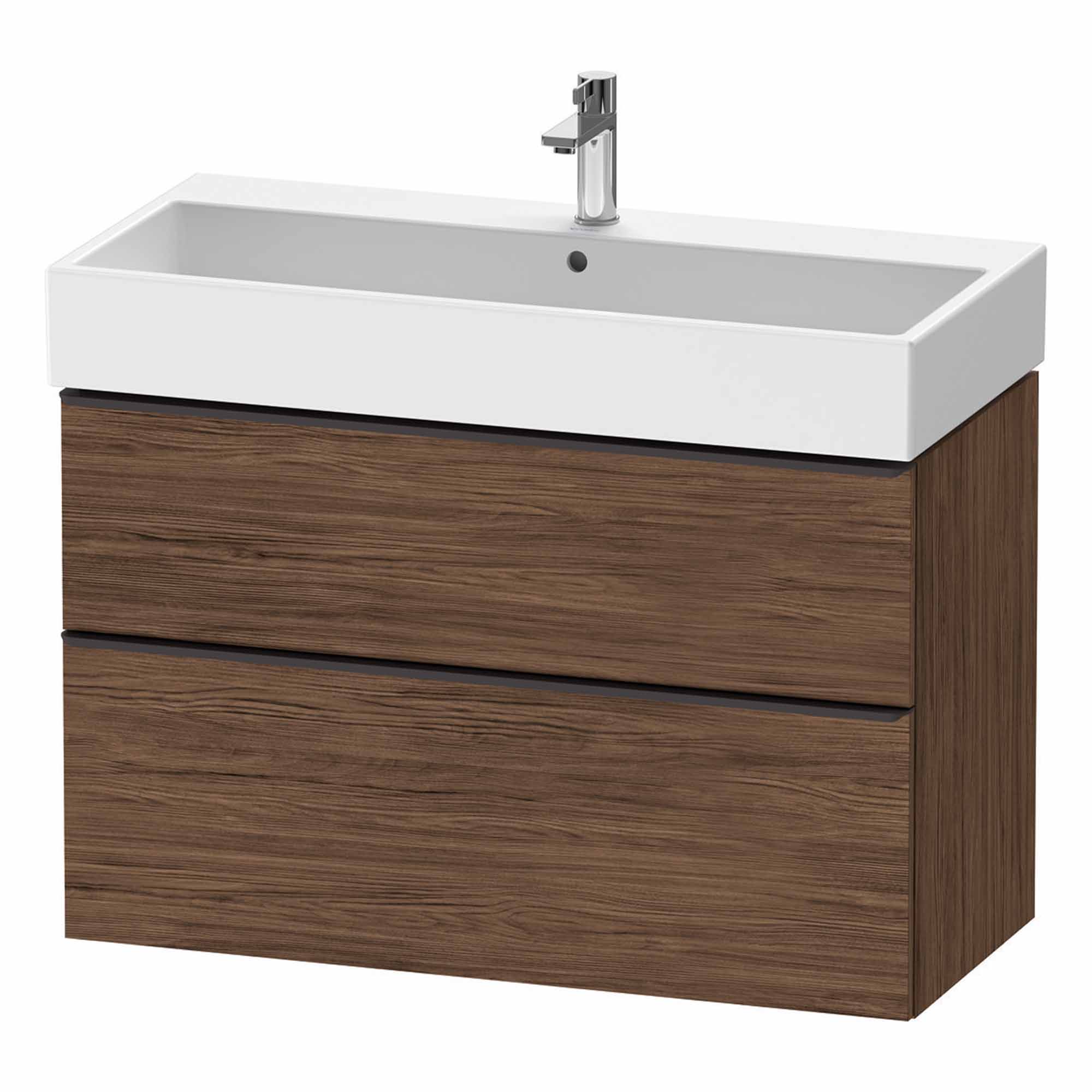 duravit d-neo 1000 wall mounted vanity unit with vero basin walnut dark diamond black handles