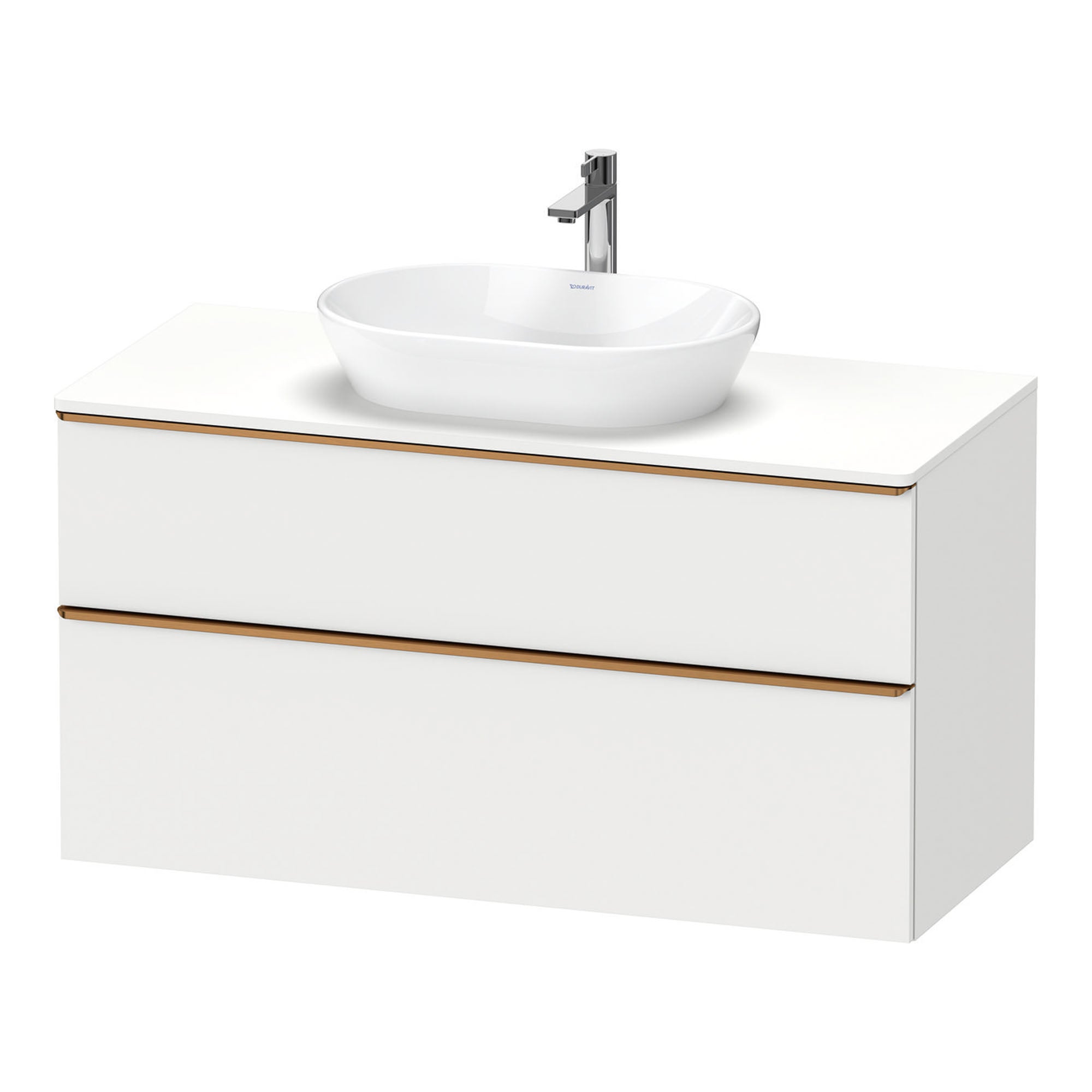 duravit d-neo 1200 wall mounted vanity unit with worktop matt white brushed bronze handles