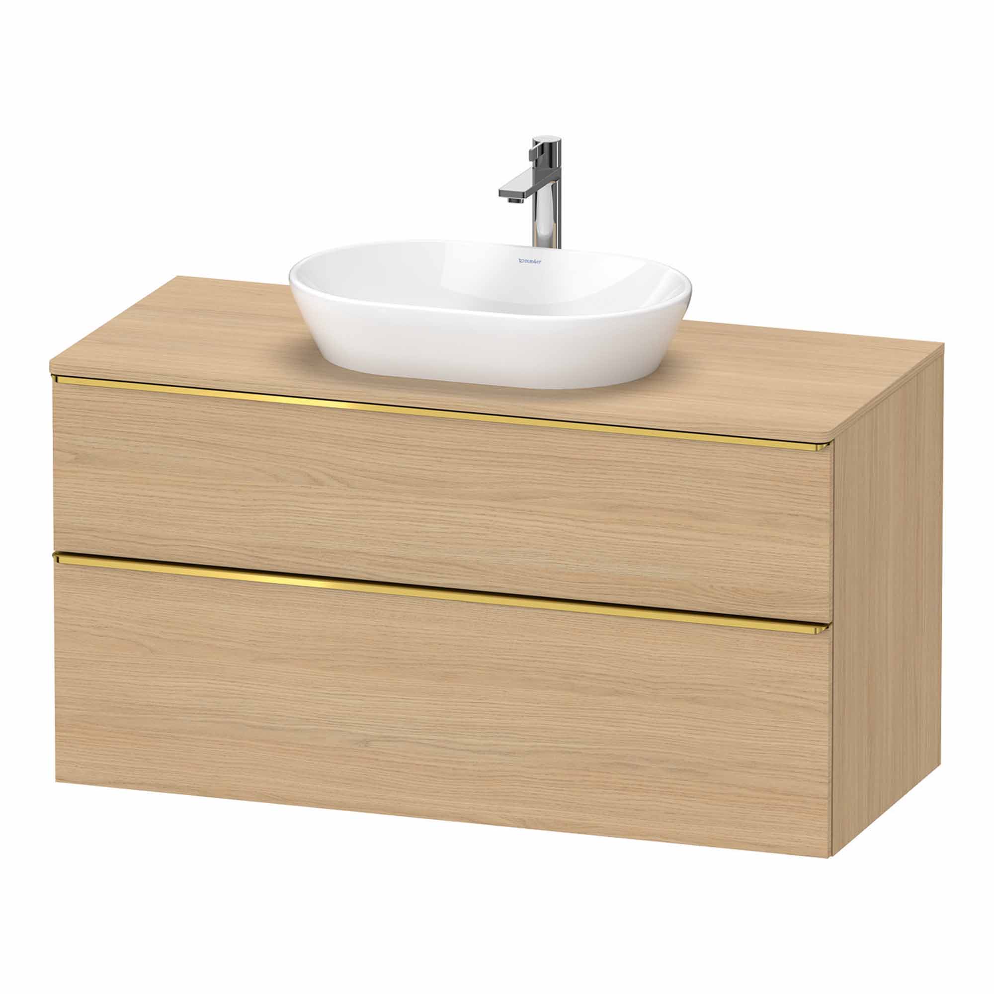 duravit d-neo 1200 wall mounted vanity unit with worktop natural oak gold handles
