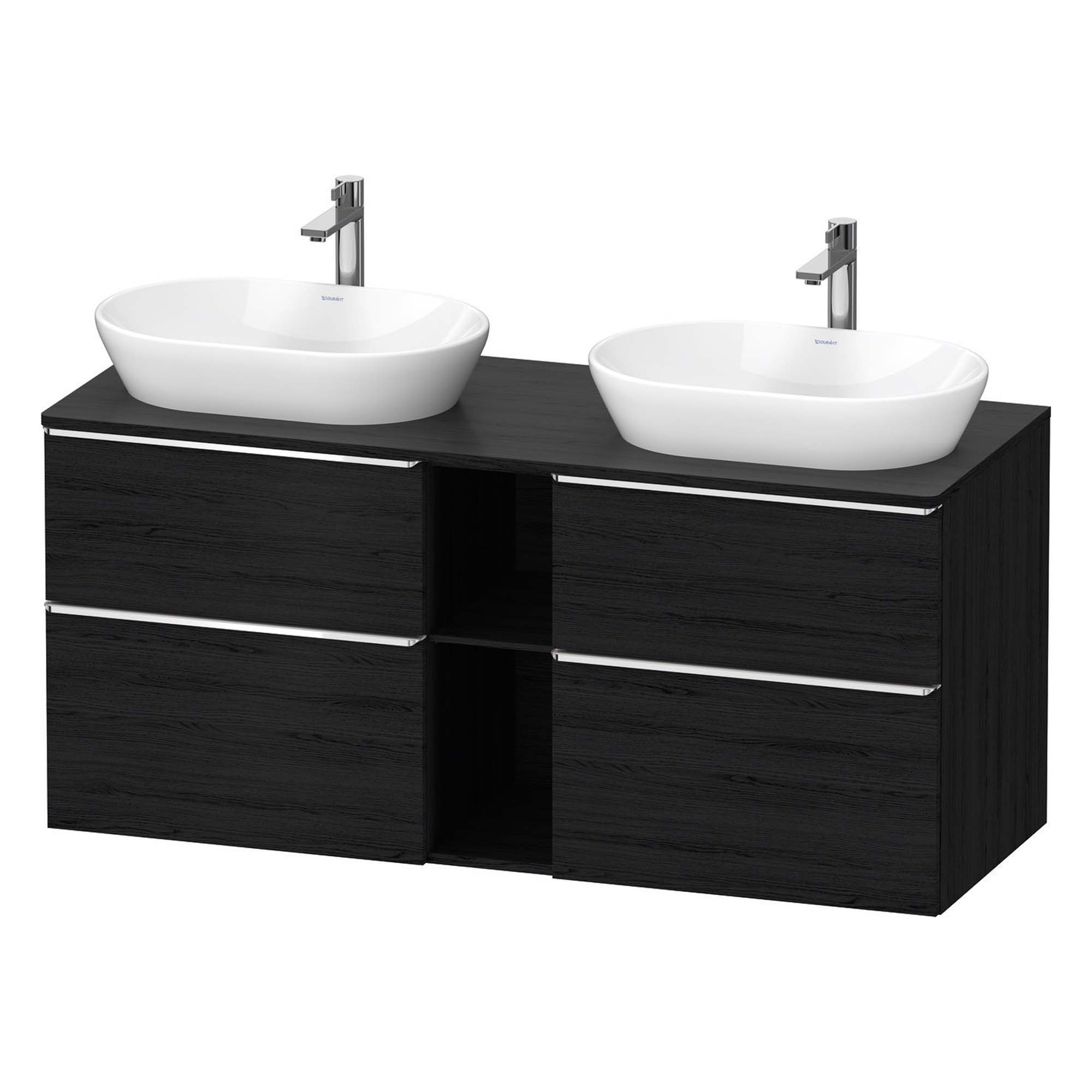 duravit d-neo 1400 wall mounted vanity unit with worktop 2 open shelves black oak chrome handles