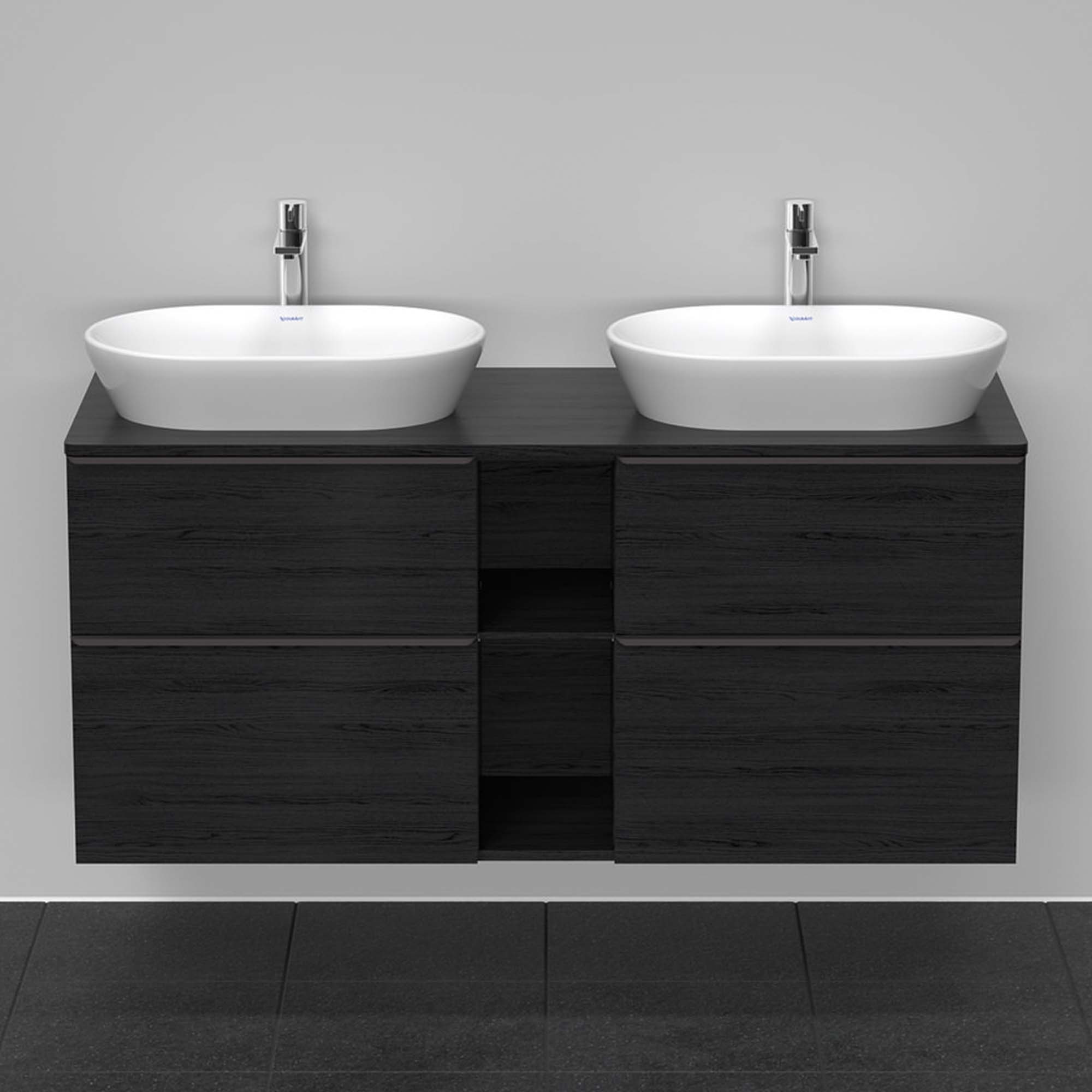 duravit d-neo 1400 wall mounted vanity unit with worktop 2 open shelves black oak diamond black handles