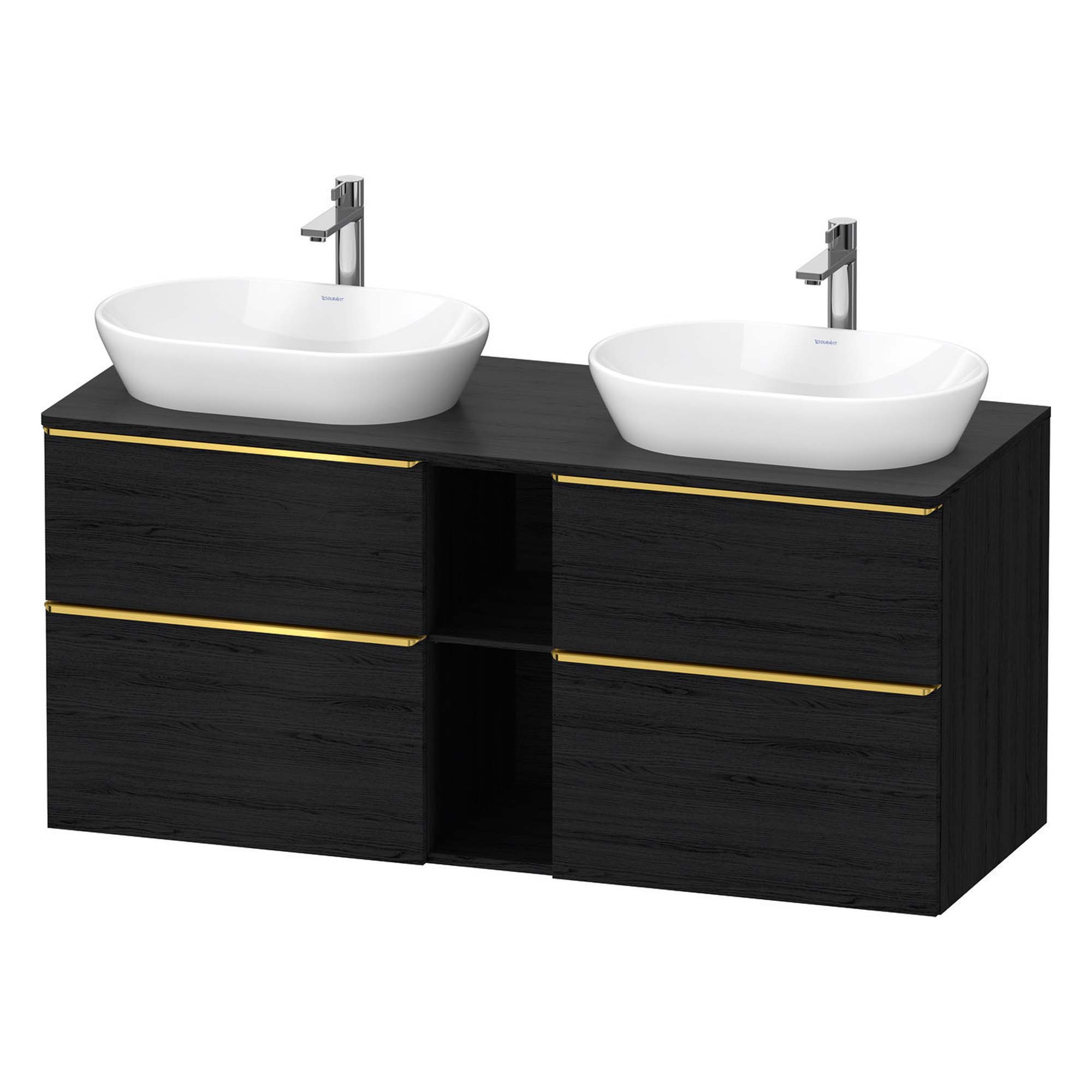 duravit d-neo 1400 wall mounted vanity unit with worktop 2 open shelves black oak gold handles