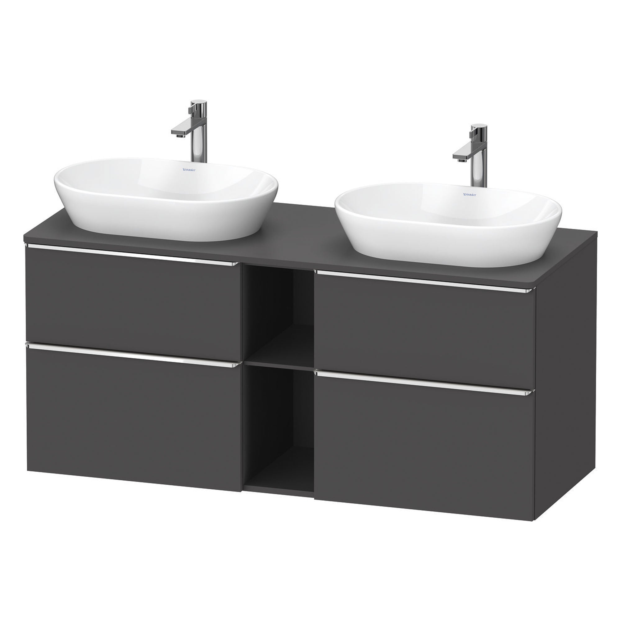 duravit d-neo 1400 wall mounted vanity unit with worktop 2 open shelves graphite matt chrome handles