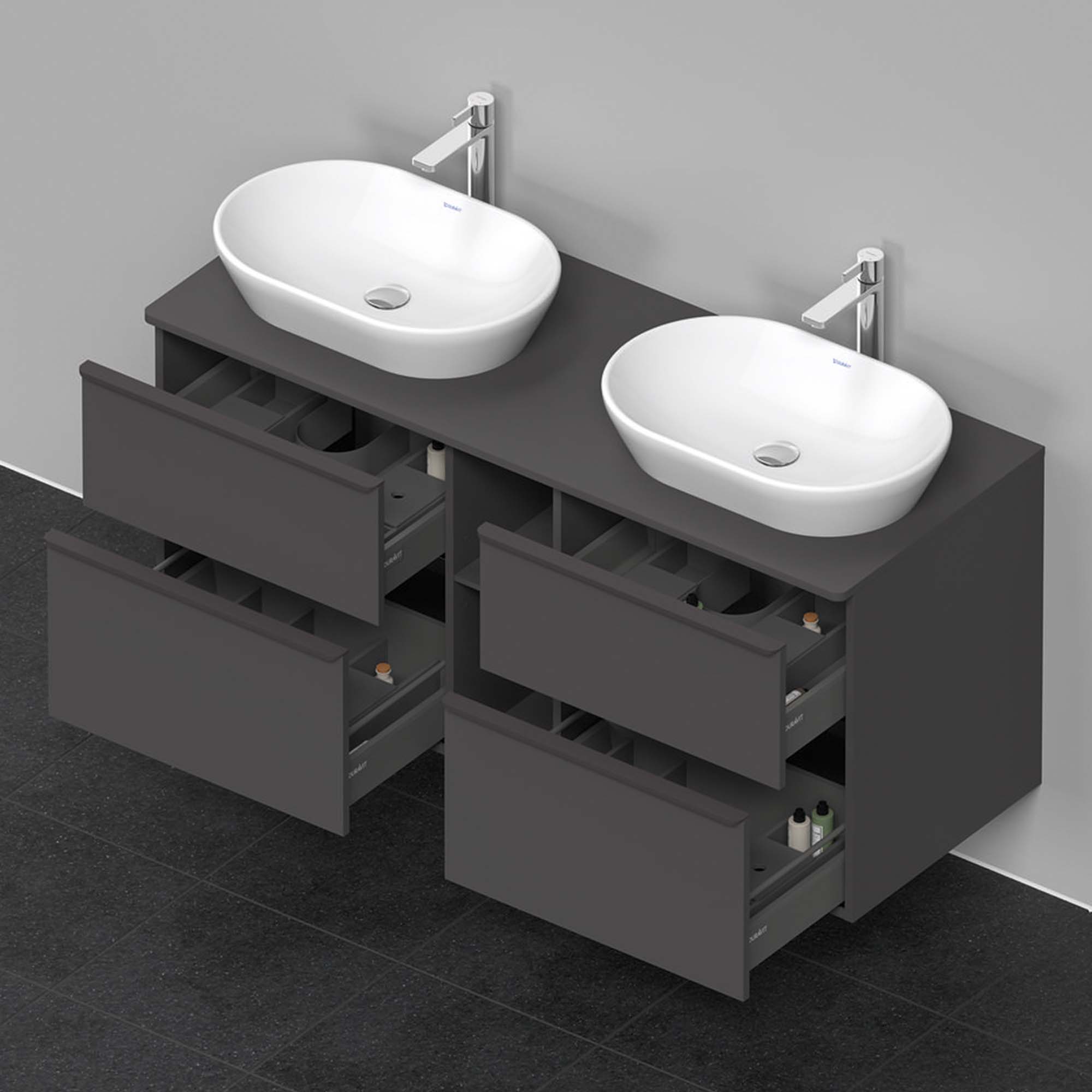 duravit d-neo 1400 wall mounted vanity unit with worktop 2 open shelves graphite matt diamond black handles