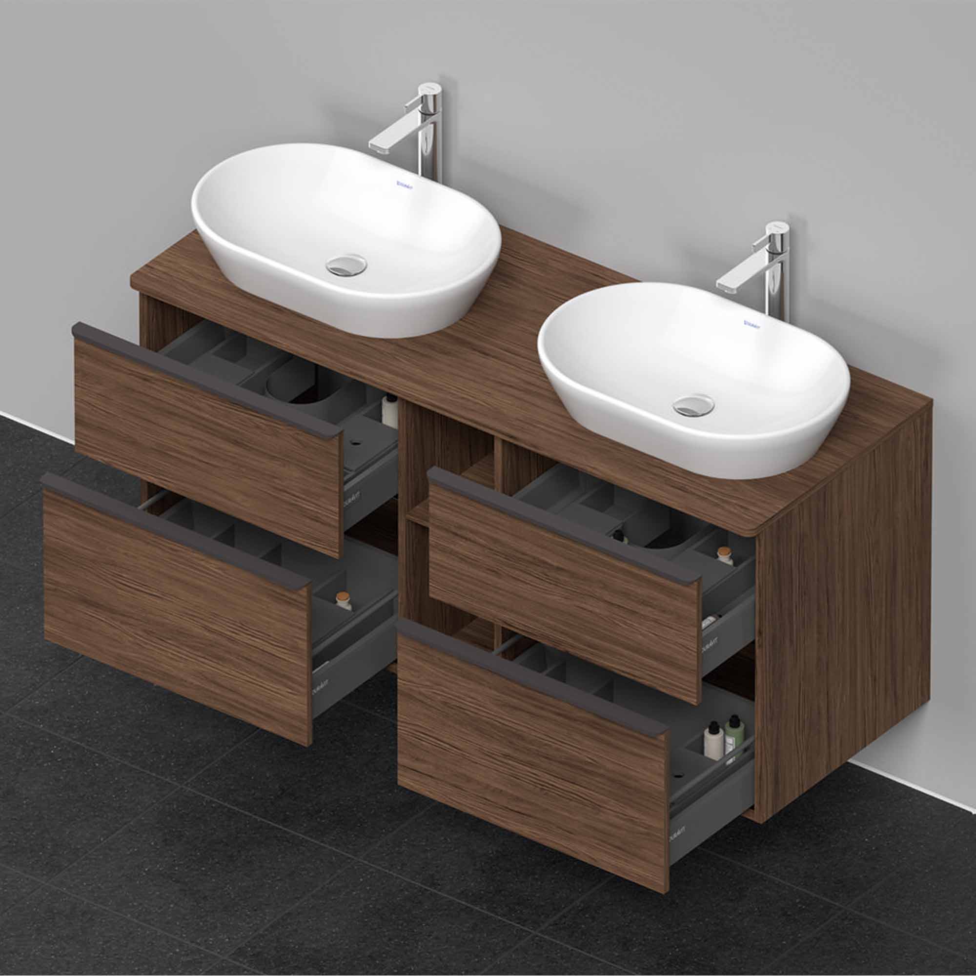 duravit d-neo 1400 wall mounted vanity unit with worktop 2 open shelves matt dark walnut diamond black handles