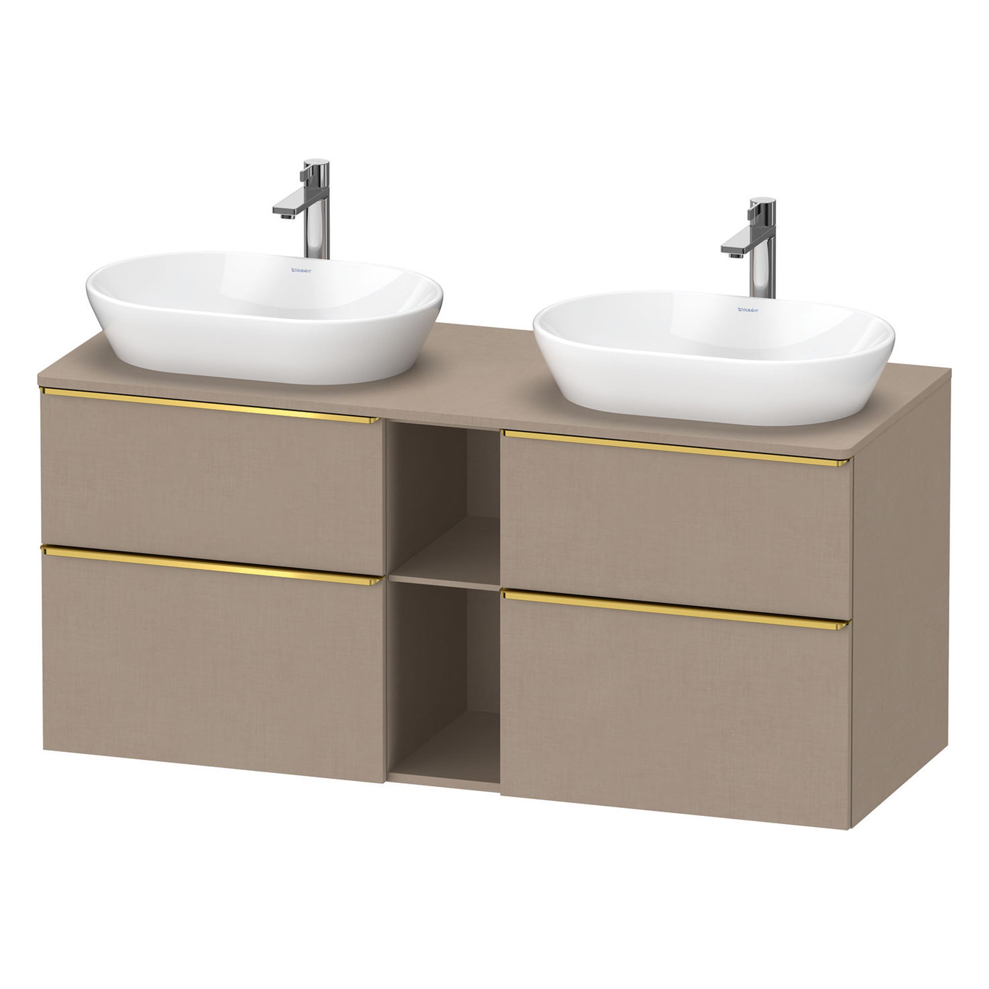 duravit d-neo 1400 wall mounted vanity unit with worktop 2 open shelves matt linen gold handles