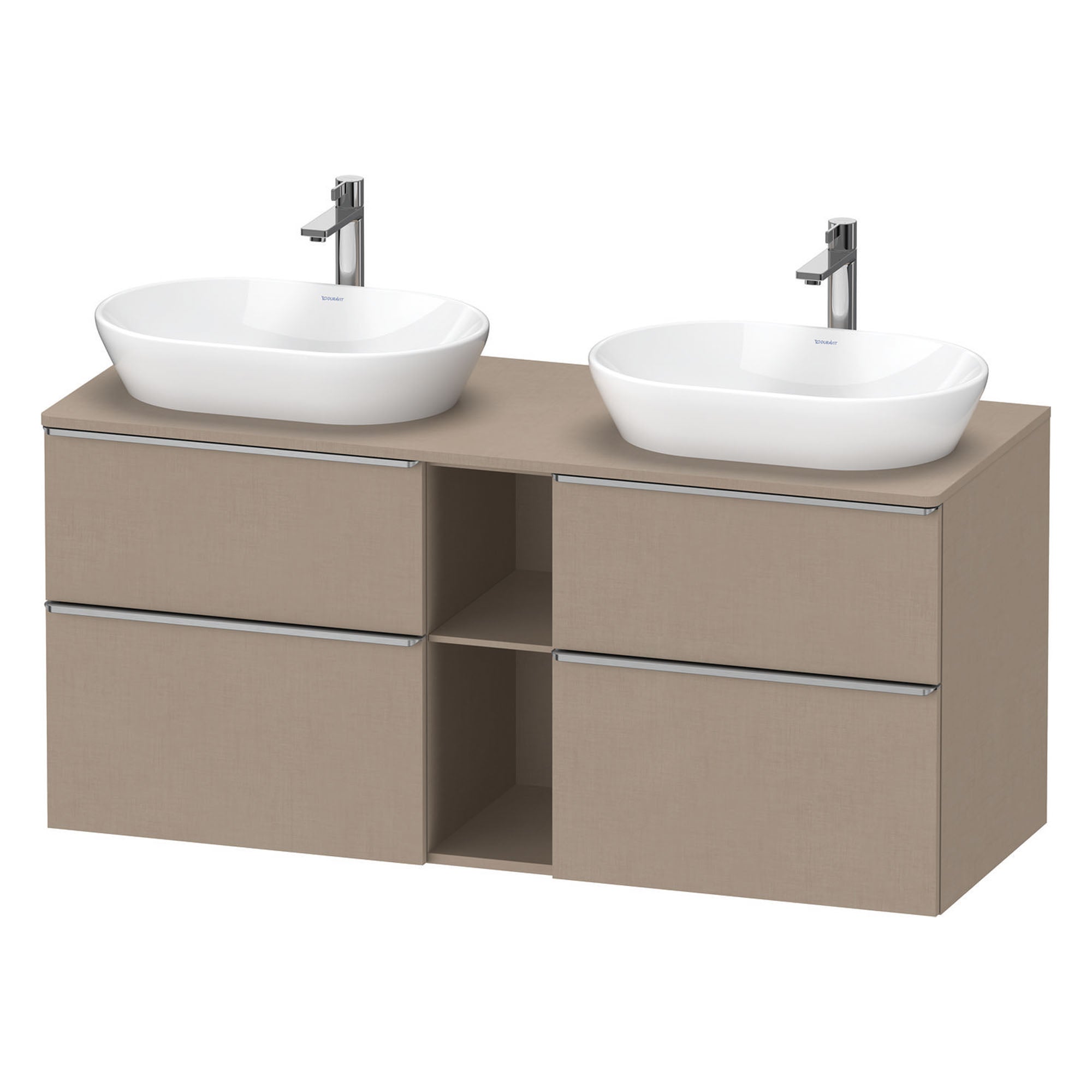 duravit d-neo 1400 wall mounted vanity unit with worktop 2 open shelves matt linen stainless steel handles