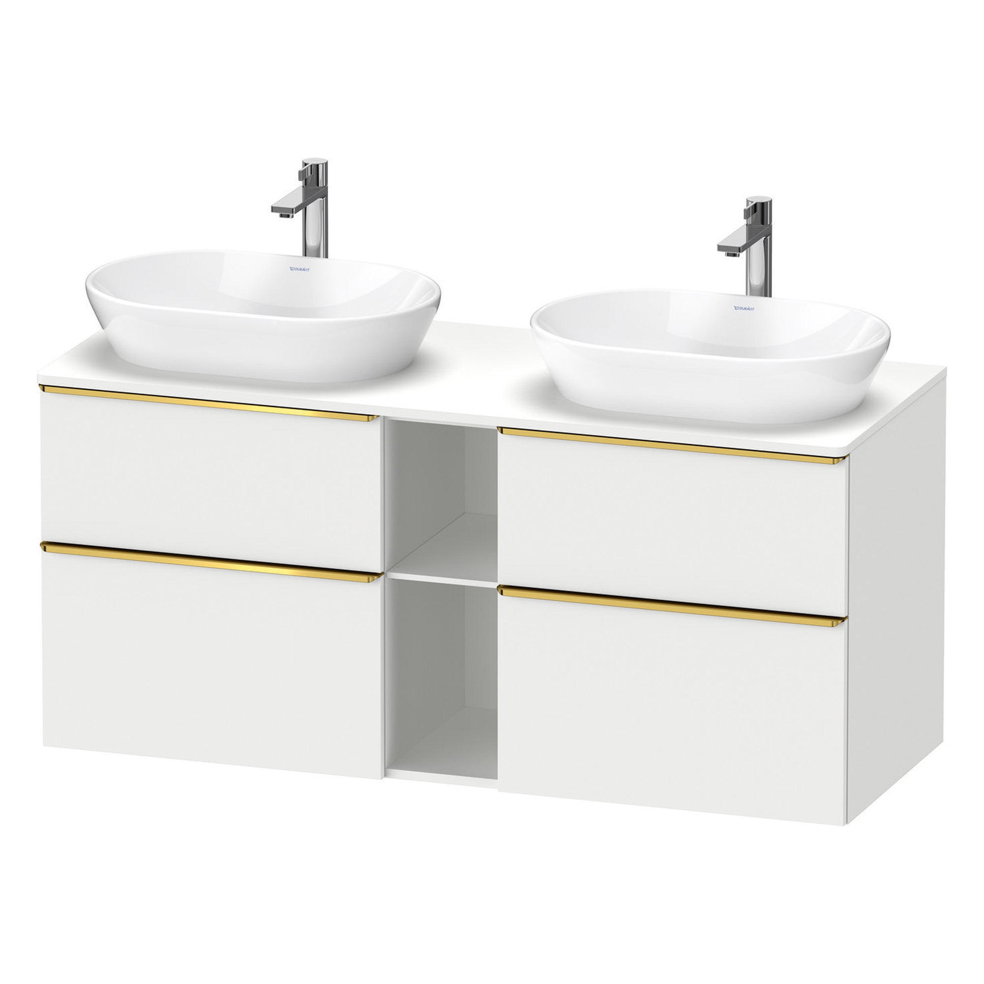 duravit d-neo 1400 wall mounted vanity unit with worktop 2 open shelves matt white gold handles