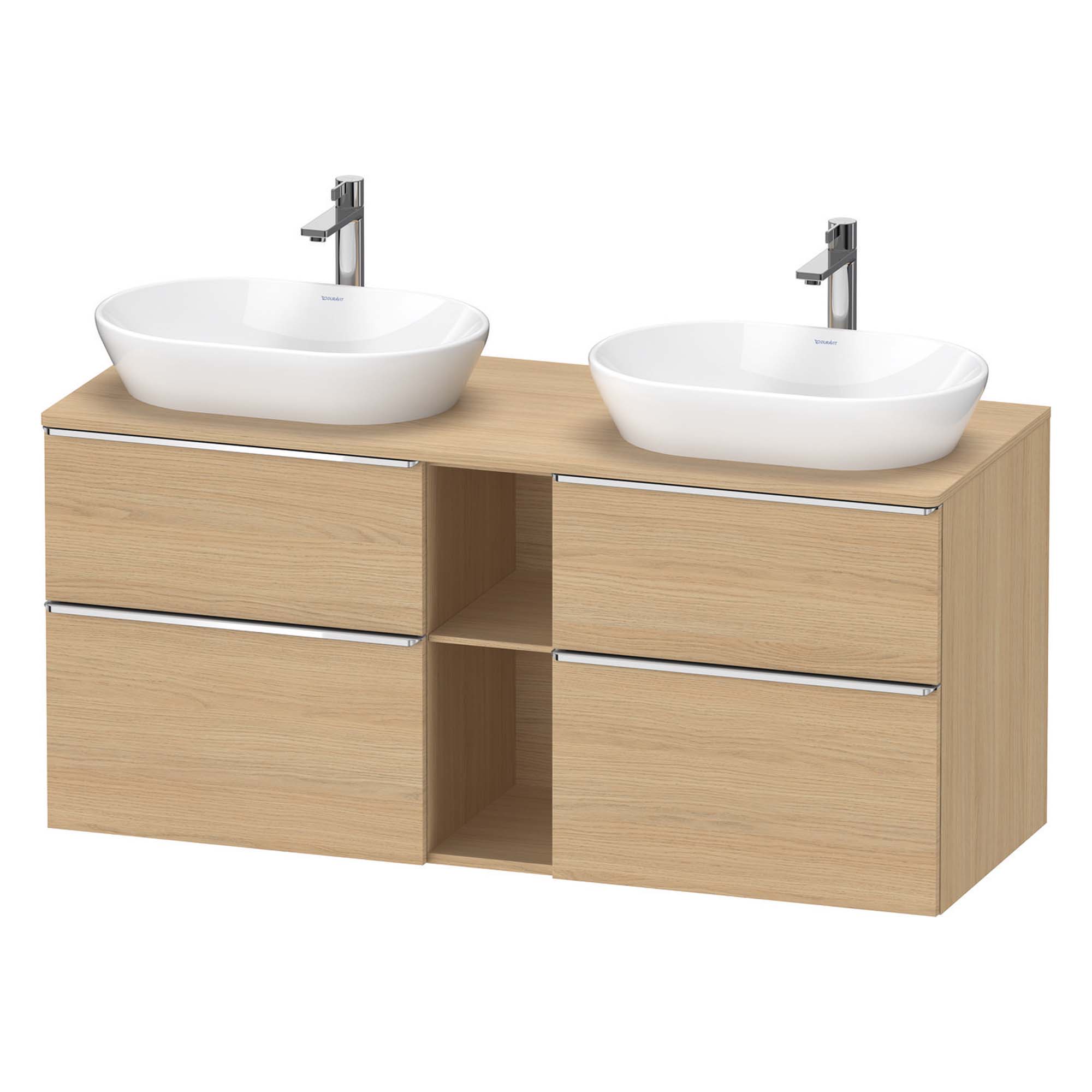 duravit d-neo 1400 wall mounted vanity unit with worktop 2 open shelves natural oak chrome handles