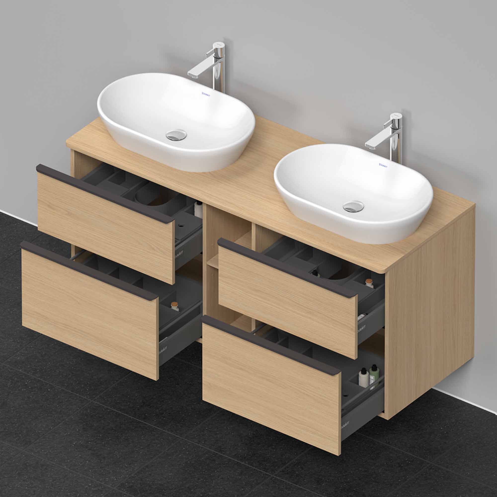 duravit d-neo 1400 wall mounted vanity unit with worktop 2 open shelves natural oak diamond black handles