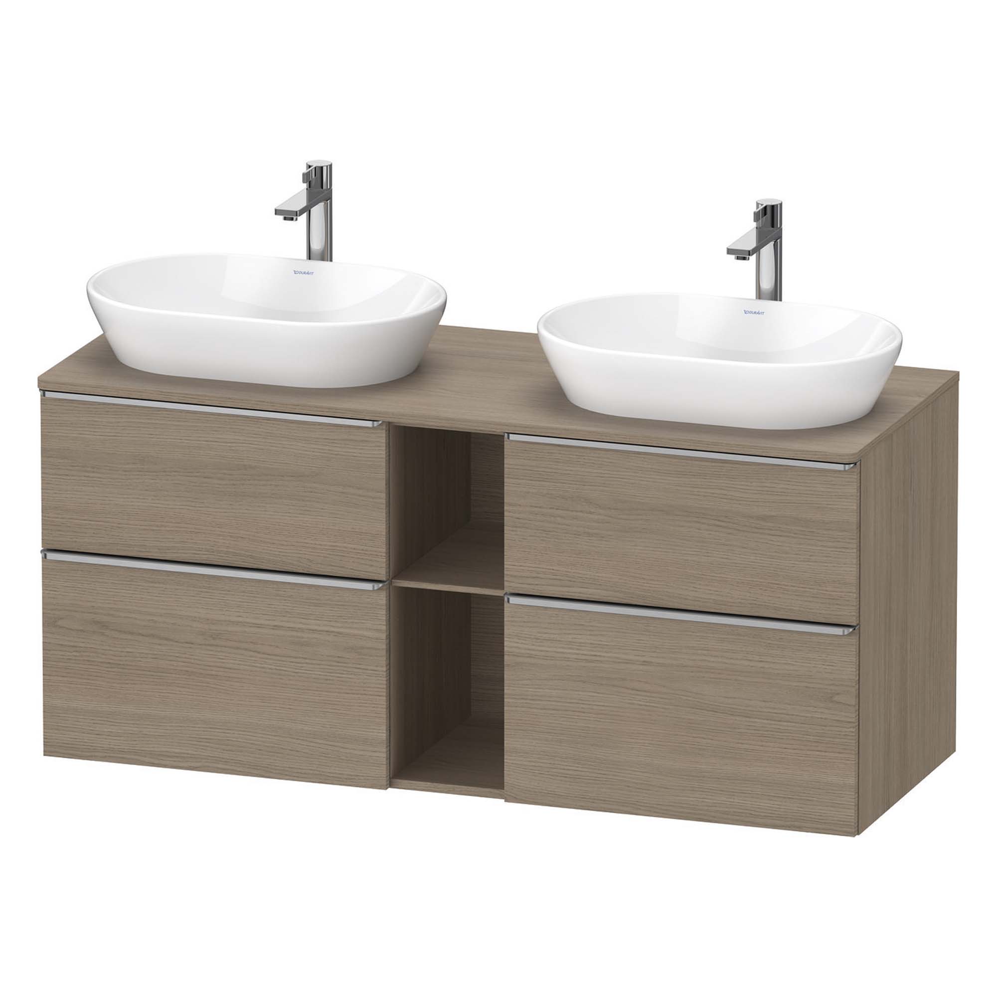 duravit d-neo 1400 wall mounted vanity unit with worktop 2 open shelves oak terra stainless steel handles