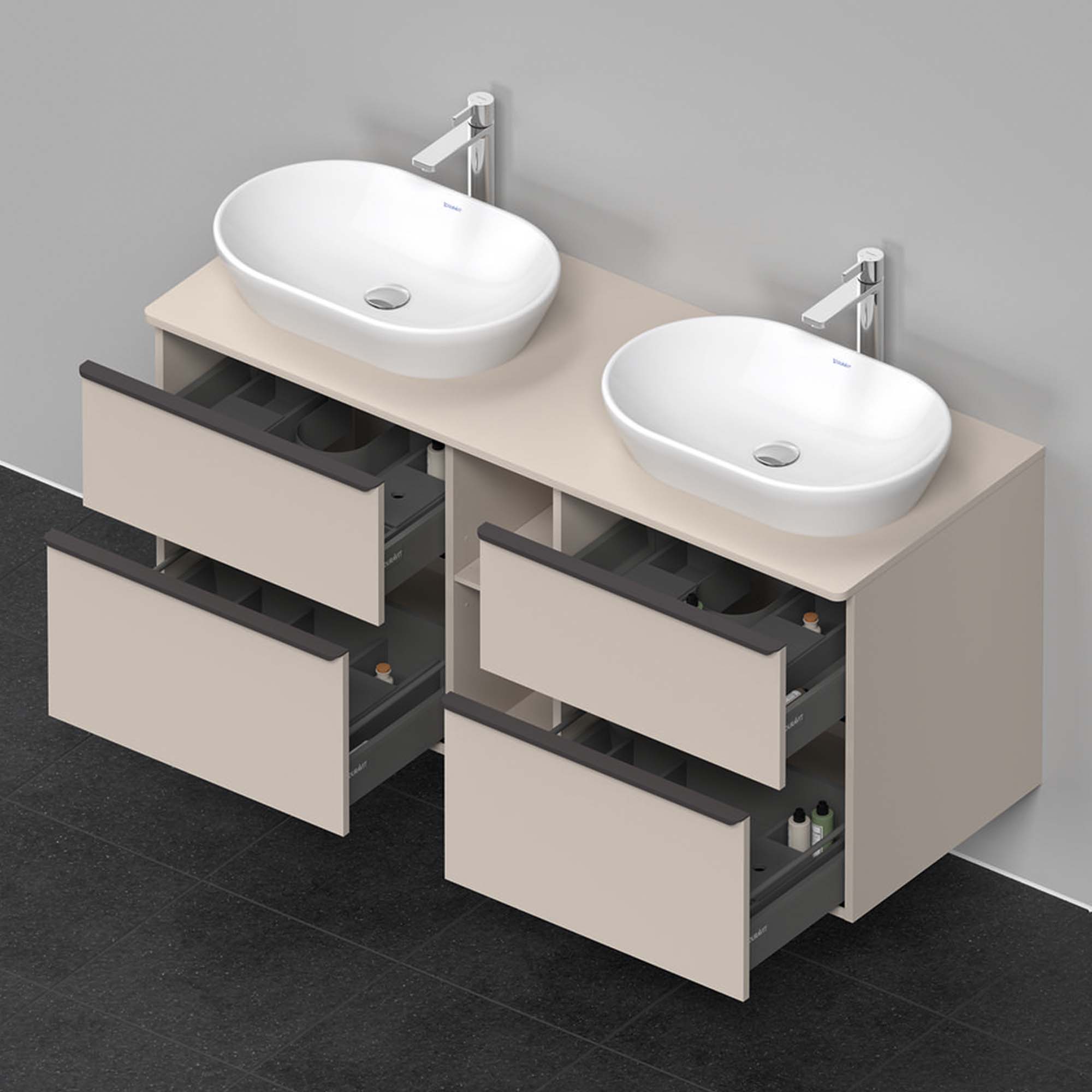 duravit d-neo 1400 wall mounted vanity unit with worktop 2 open shelves taupe diamond black handles