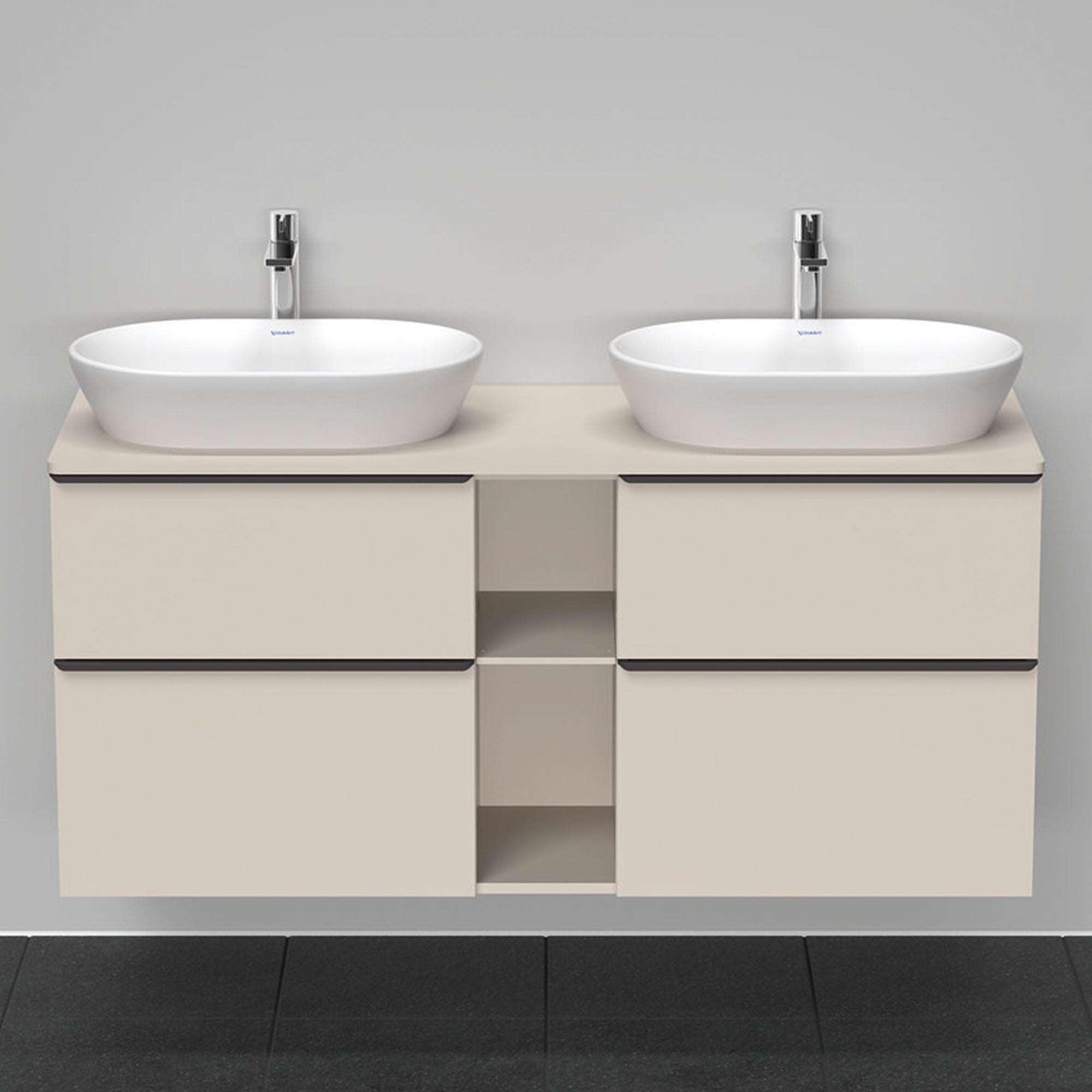 duravit d-neo 1400 wall mounted vanity unit with worktop 2 open shelves taupe diamond black handles