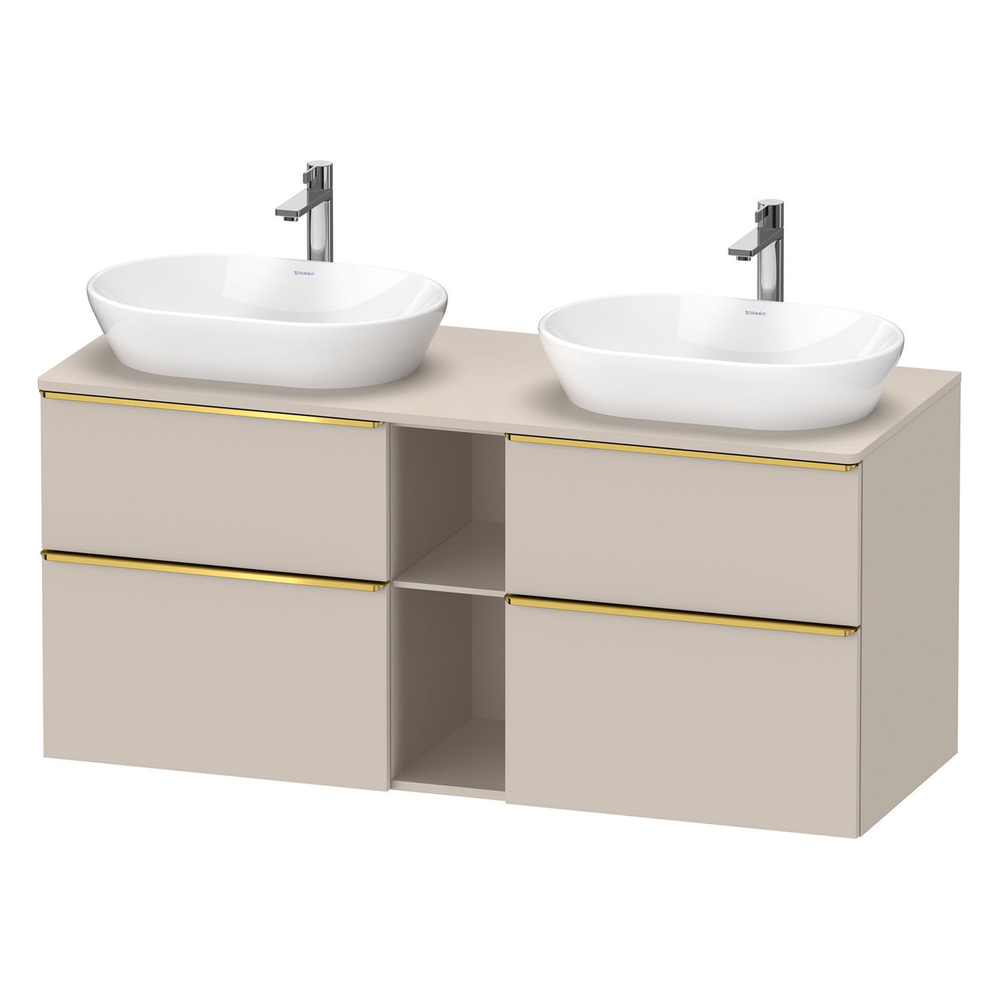 duravit d-neo 1400 wall mounted vanity unit with worktop 2 open shelves taupe gold handles