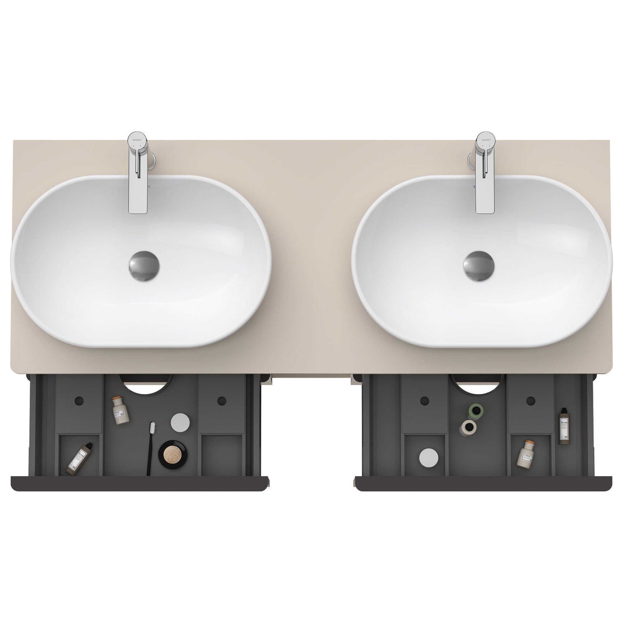 duravit d-neo 1400 wall mounted vanity unit with worktop 2 open shelves taupe diamond black handles