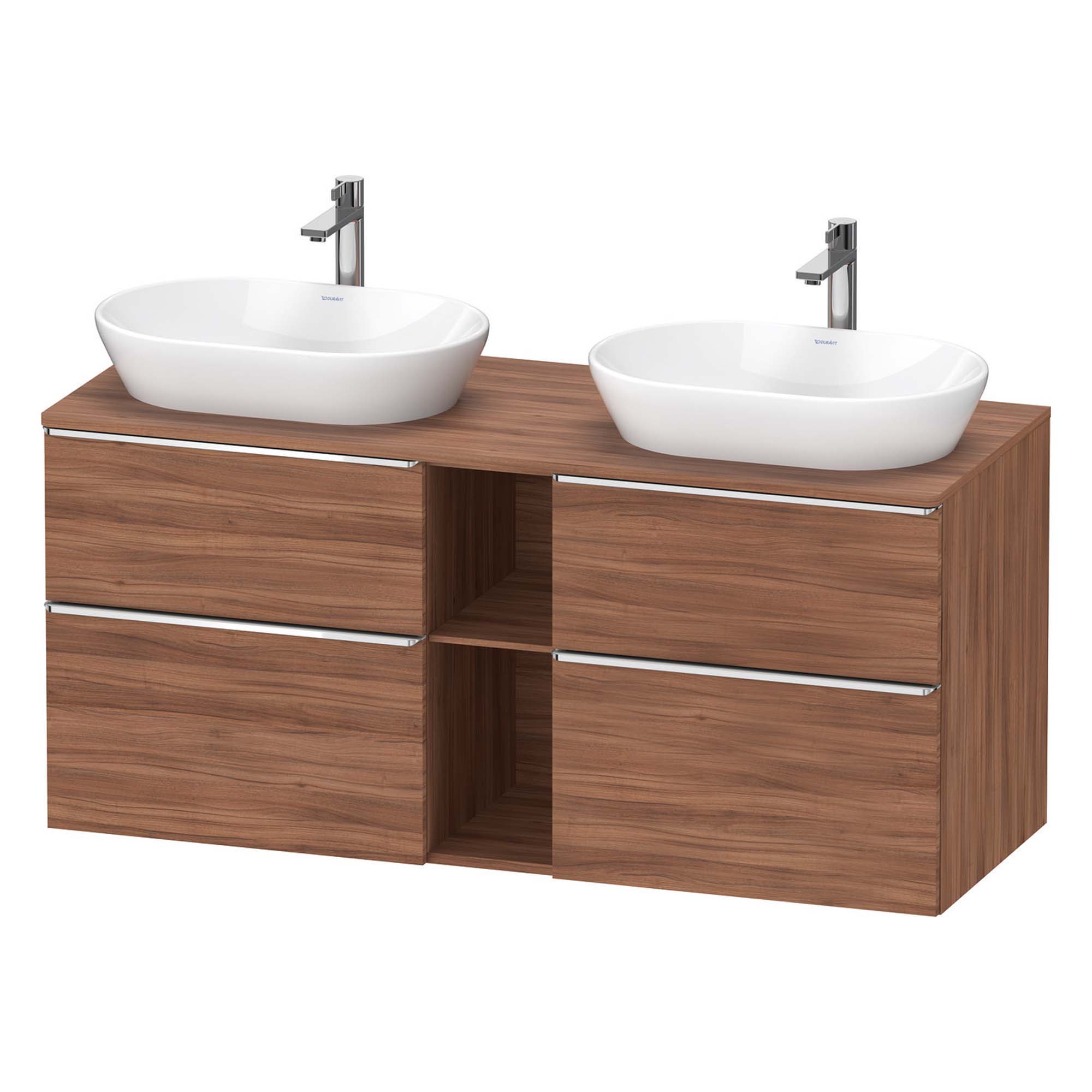 duravit d-neo 1400 wall mounted vanity unit with worktop 2 open shelves walnut matt chrome handles