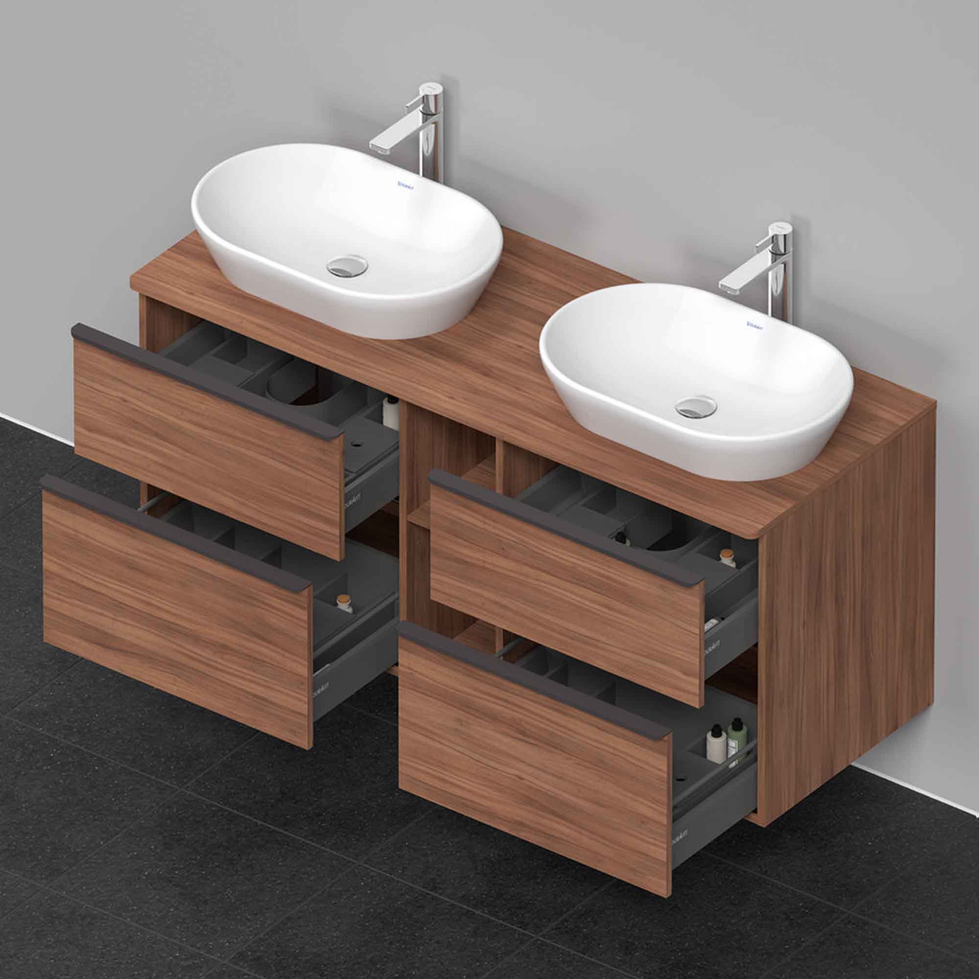 duravit d-neo 1400 wall mounted vanity unit with worktop 2 open shelves walnut matt diamond black handles