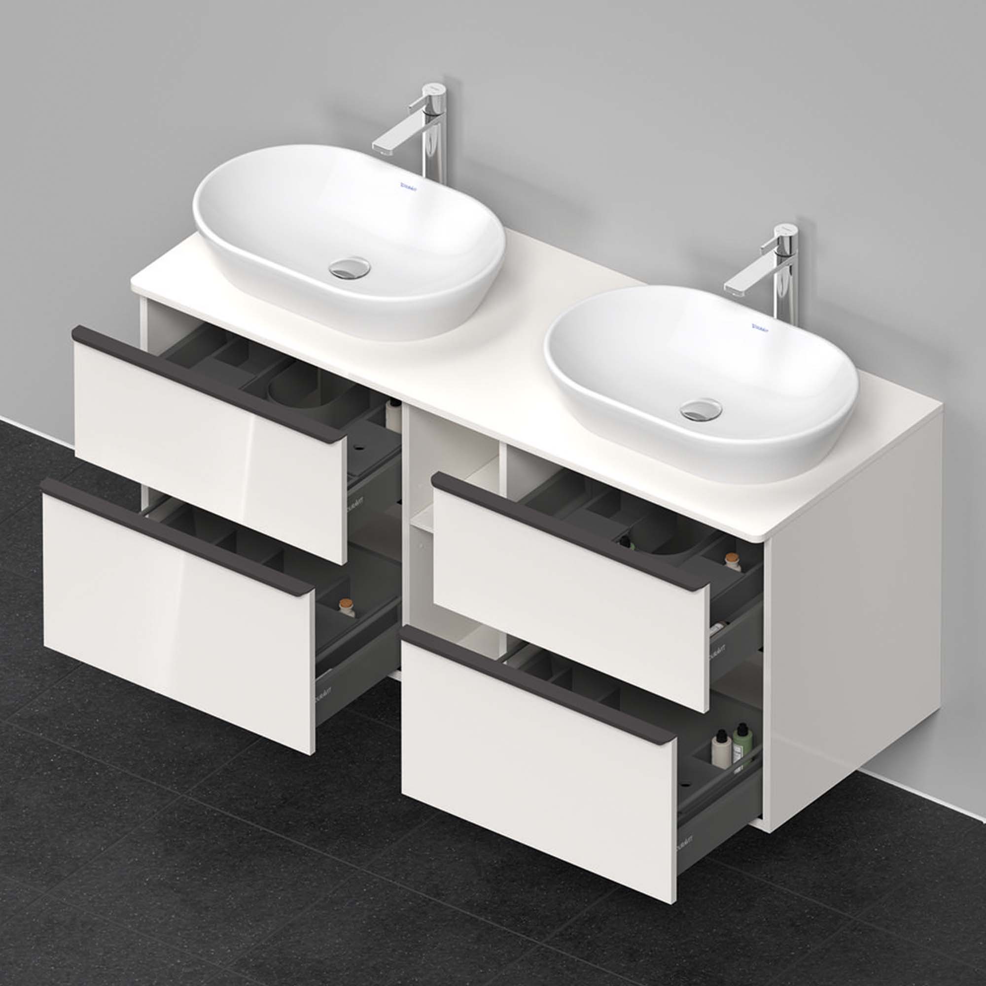 duravit d-neo 1400 wall mounted vanity unit with worktop 2 open shelves white gloss diamond black handles
