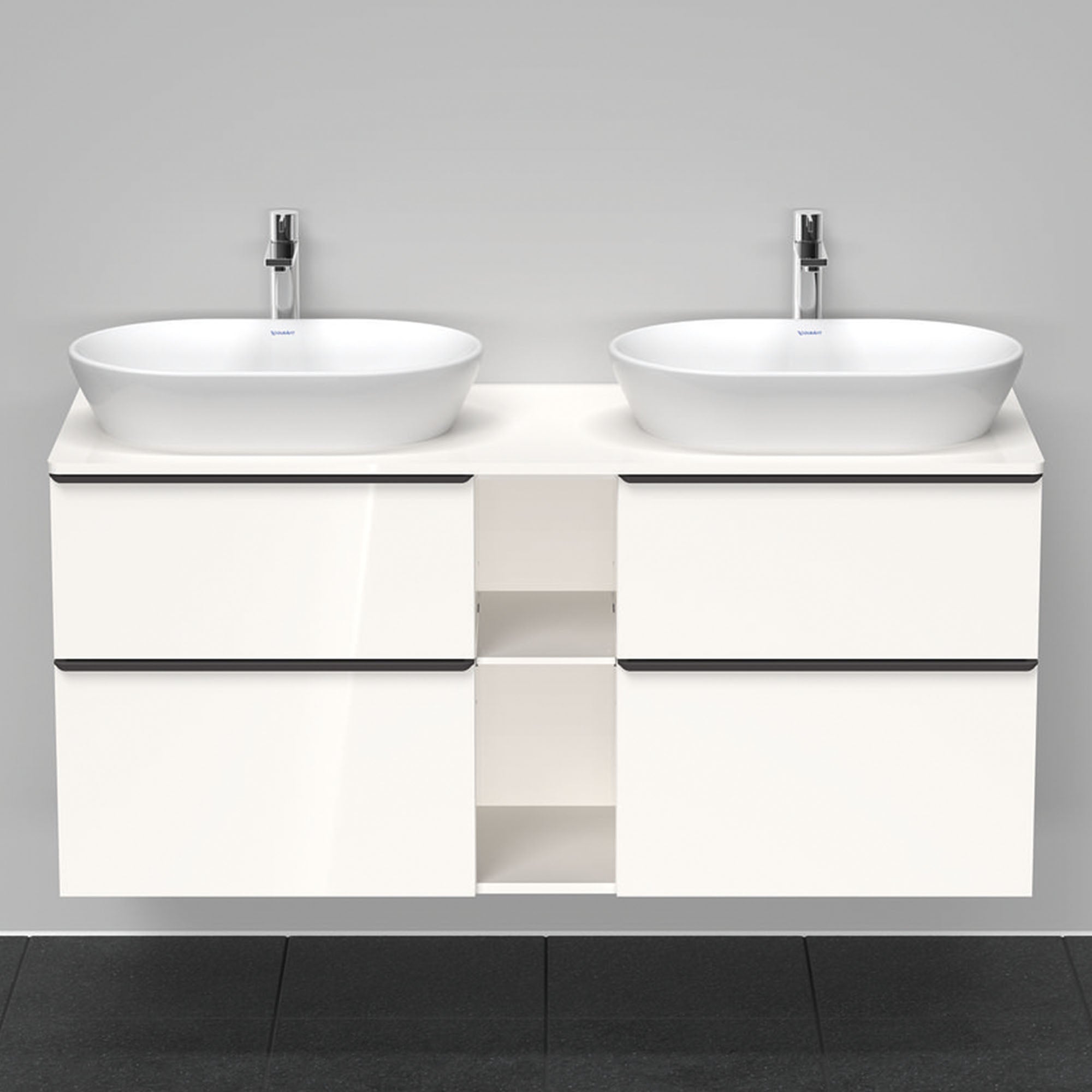 duravit d-neo 1400 wall mounted vanity unit with worktop 2 open shelves white gloss diamond black handles