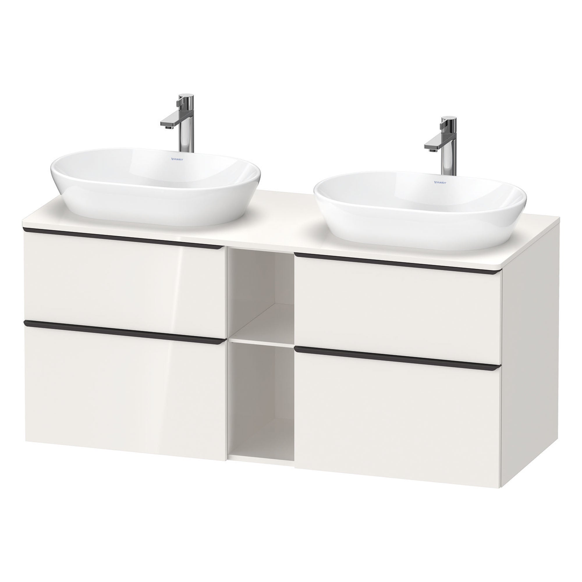 duravit d-neo 1400 wall mounted vanity unit with worktop 2 open shelves white gloss diamond black handles