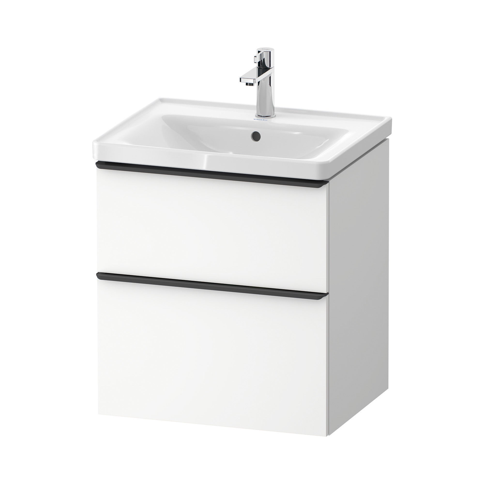 duravit d-neo 600 wall mounted vanity unit with d-neo basin matt white diamond black handles