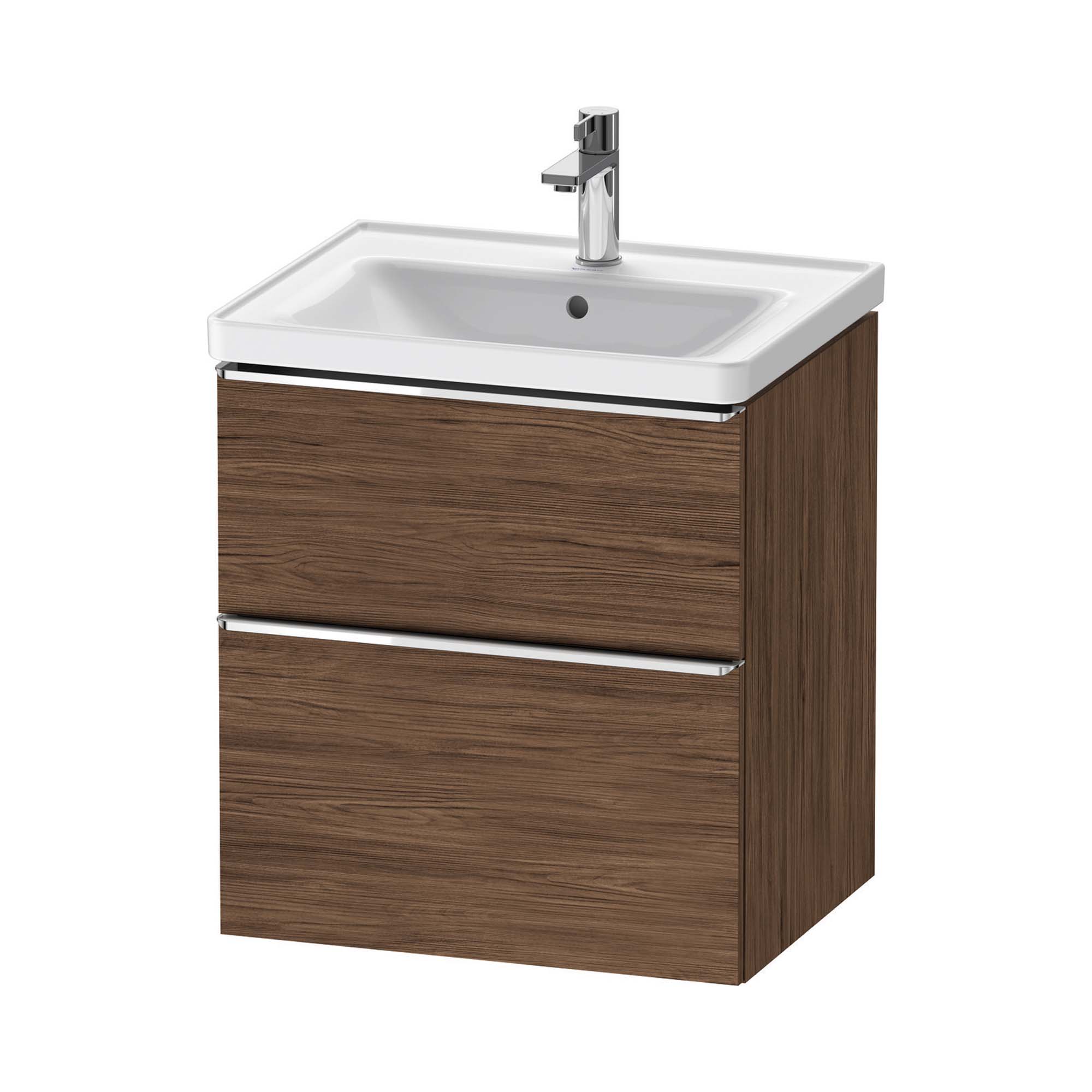 duravit d-neo 600 wall mounted vanity unit with d-neo basin dark walnut chrome handles