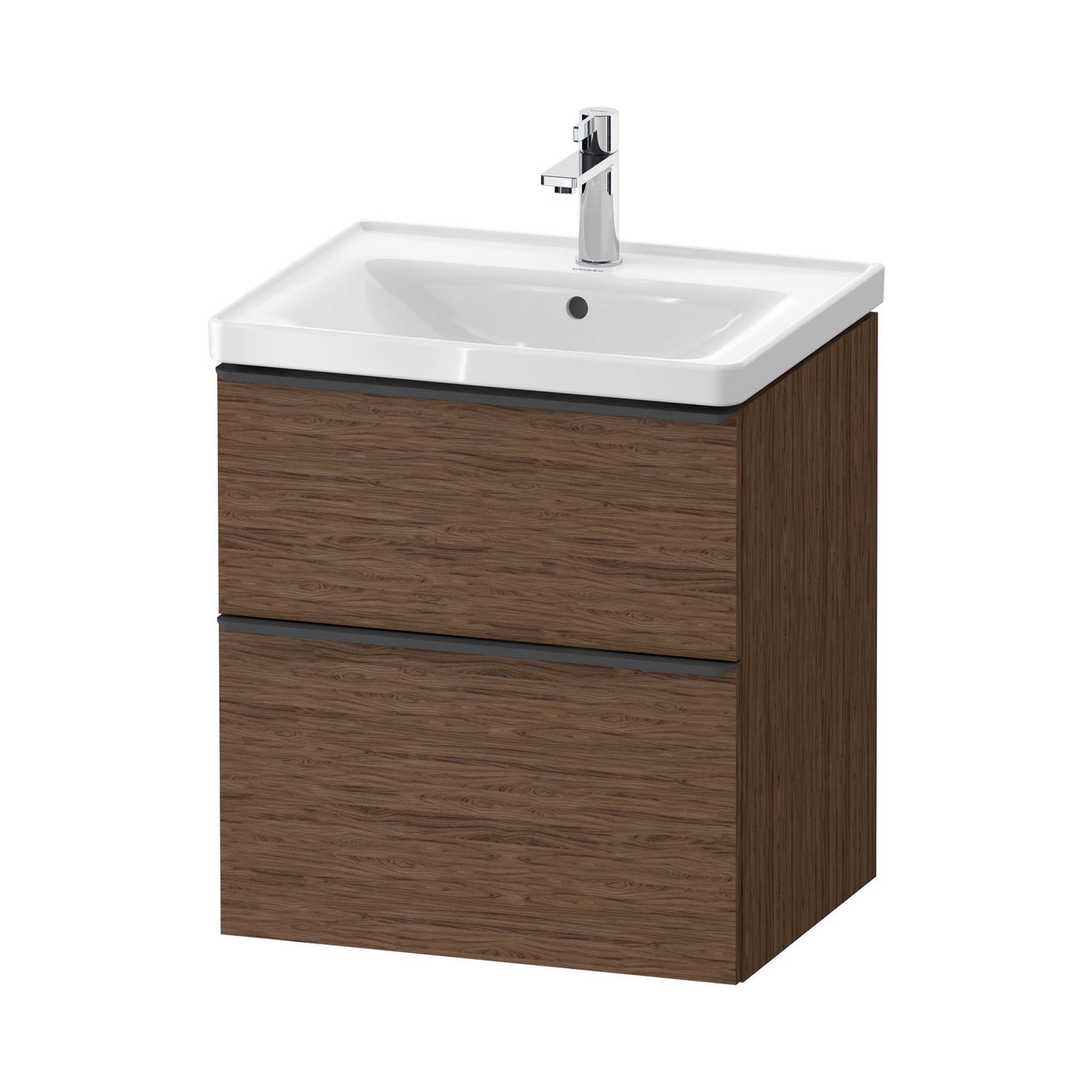 duravit d-neo 600 wall mounted vanity unit with d-neo basin dark walnut diamond black handles