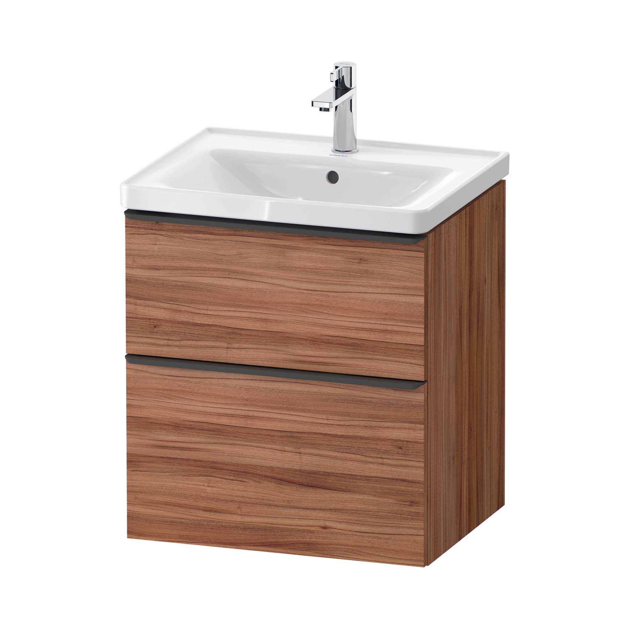 duravit d-neo 600 wall mounted vanity unit with d-neo basin walnut diamond black handles