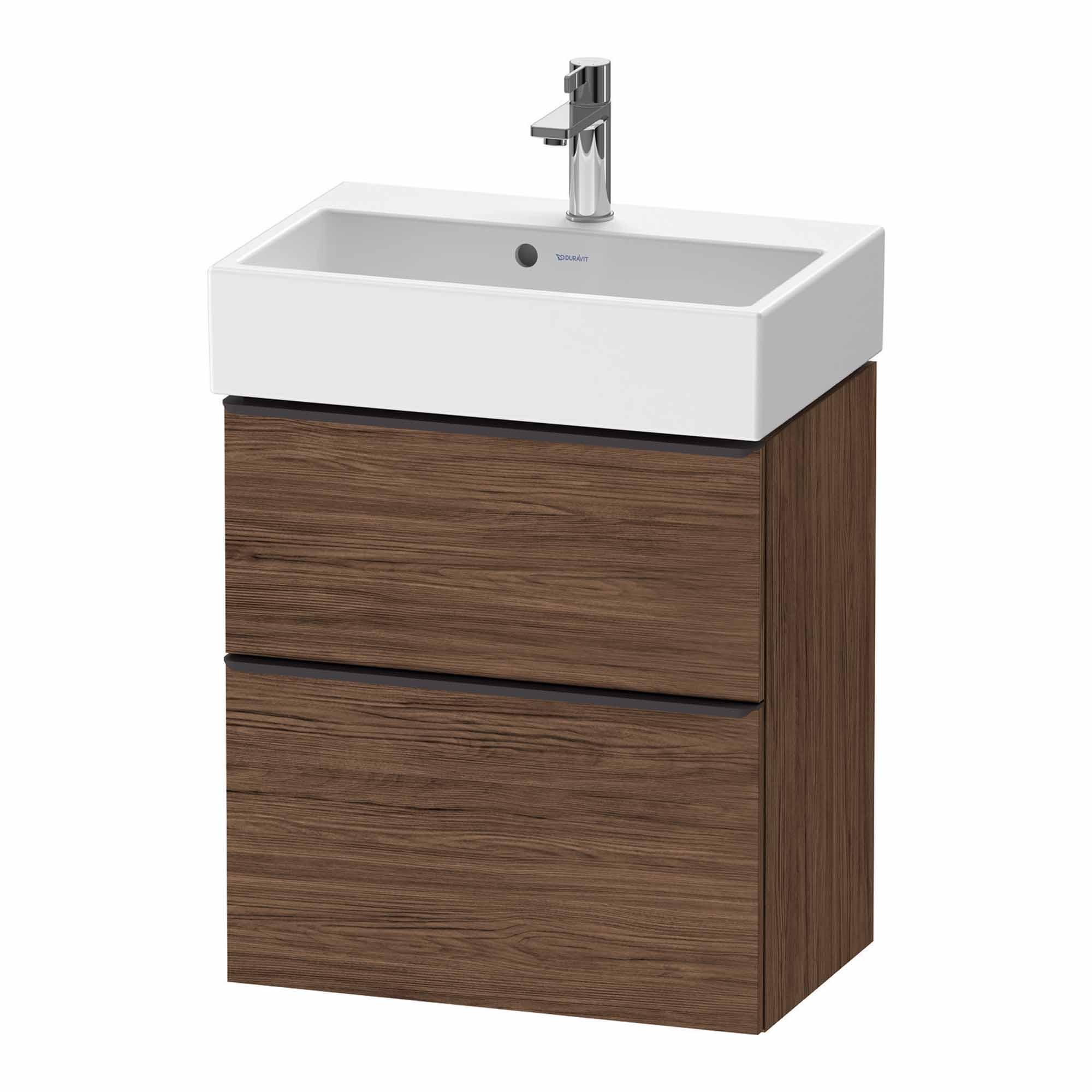 duravit d-neo 600 wall mounted vanity unit with vero basin walnut dark diamond black handles