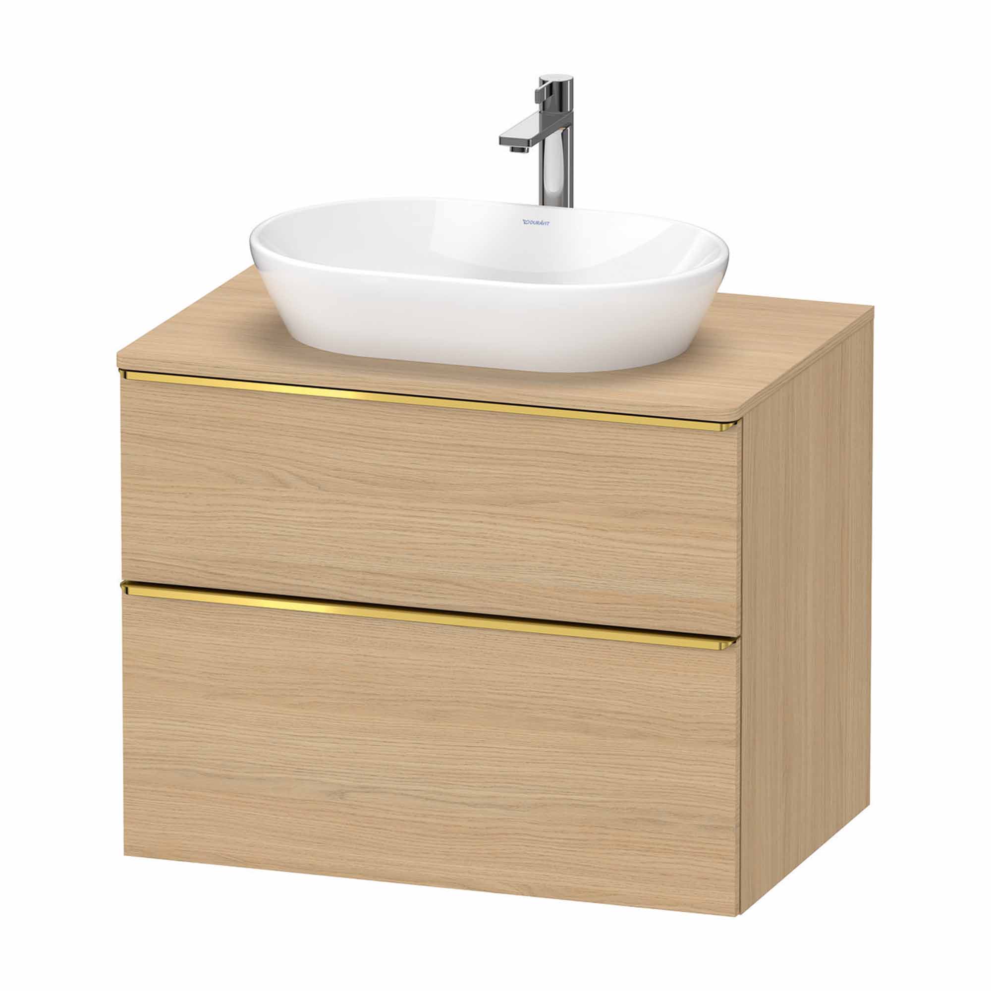 duravit d-neo 800 wall mounted vanity unit with worktop natural oak gold handles