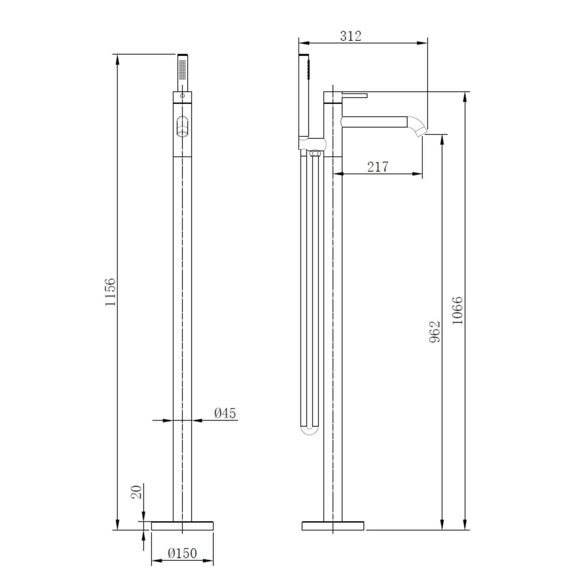 elliot floorstanding bath shower mixer with handset dimensions