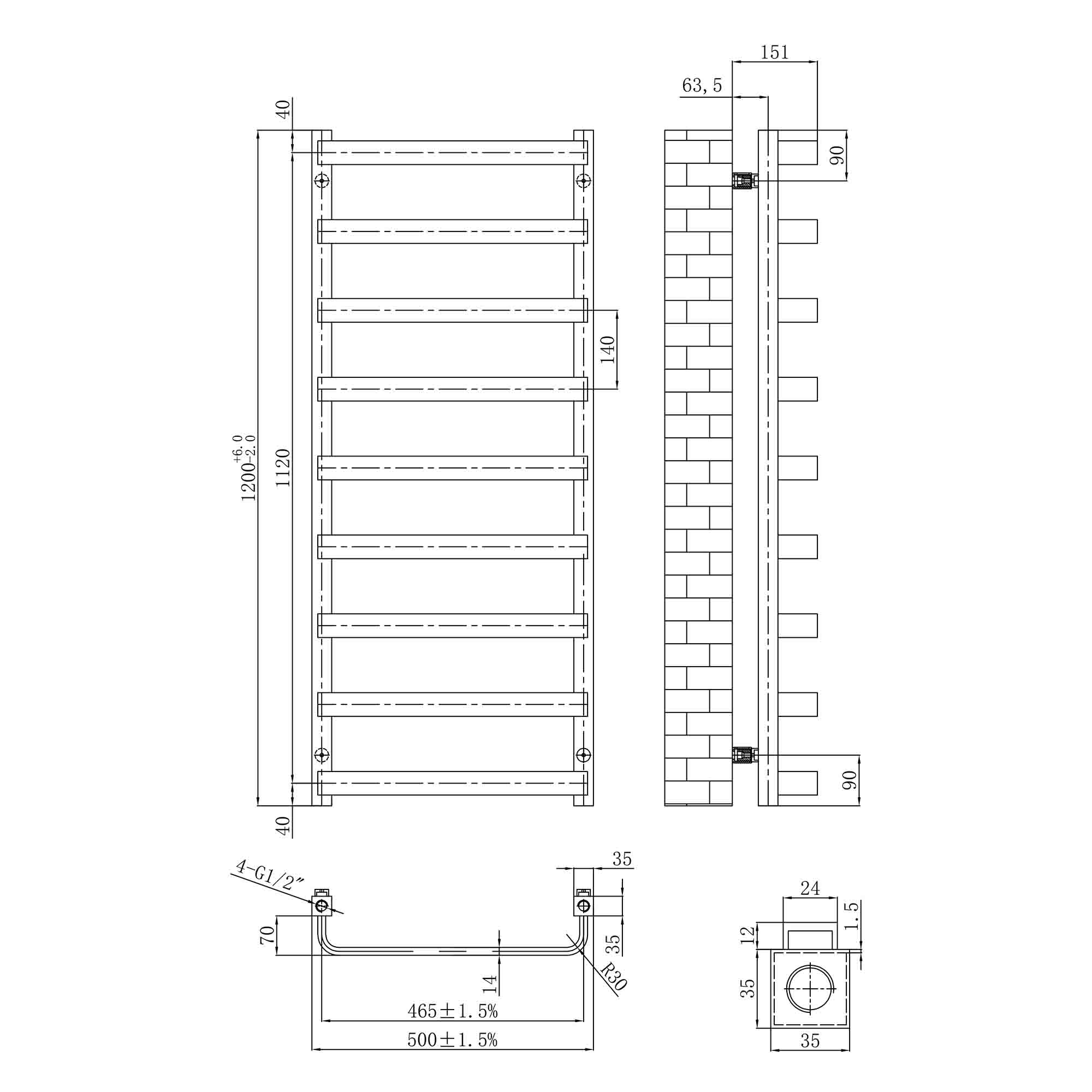 elliot heated towel rail 1200x500mm dimensions