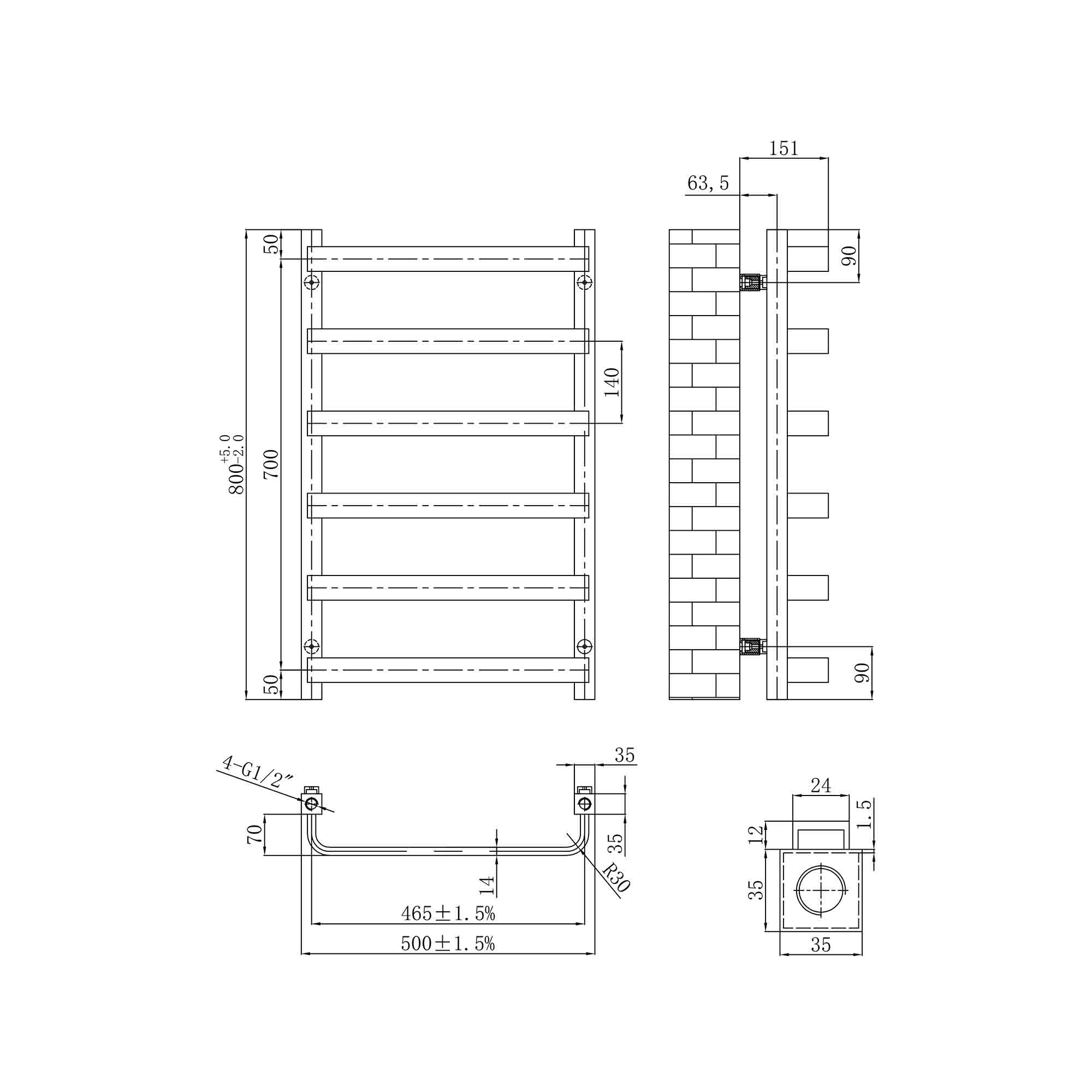 elliot heated towel rail 800x500mm dimensions