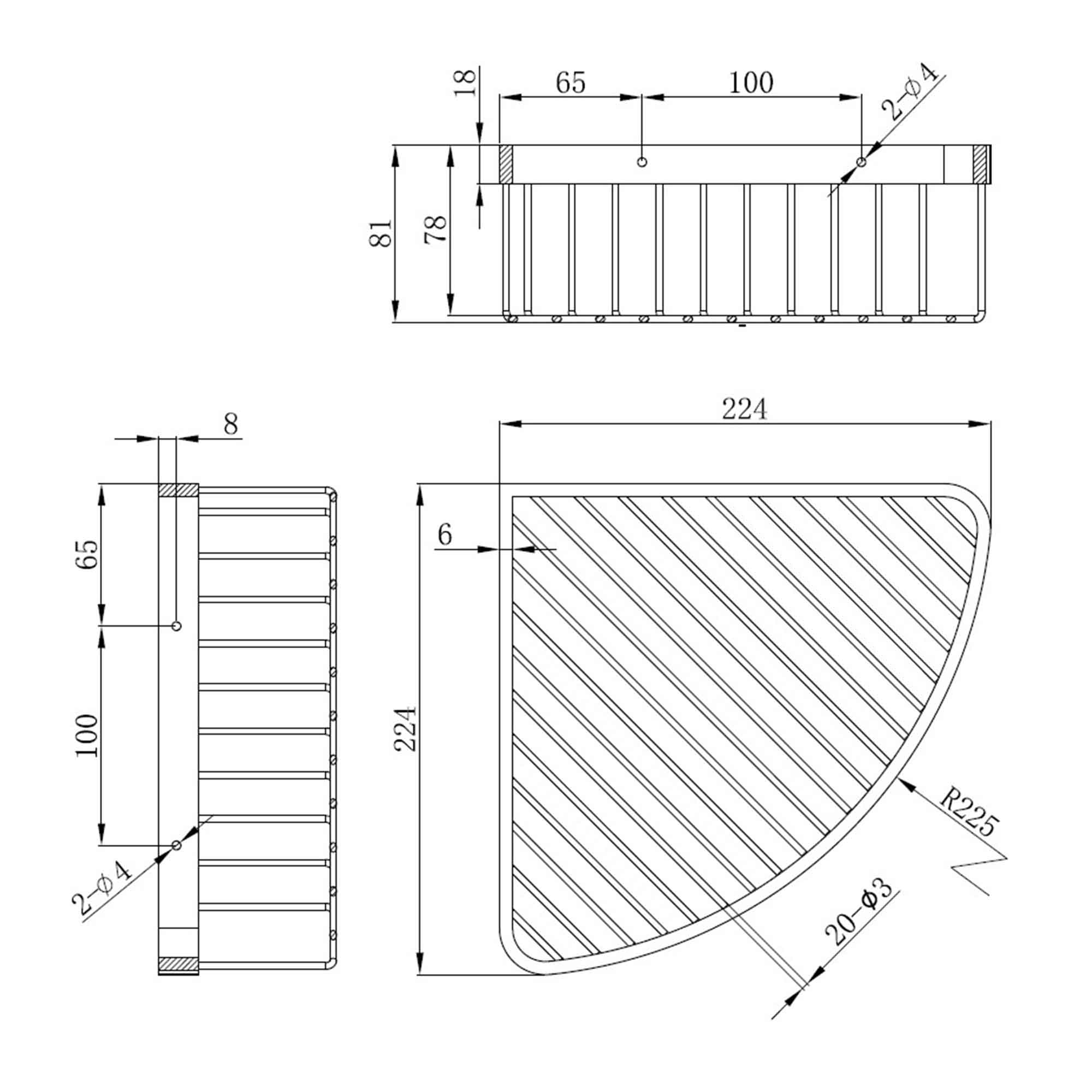 elliot wall mounted corner shower basket dimensions drawing