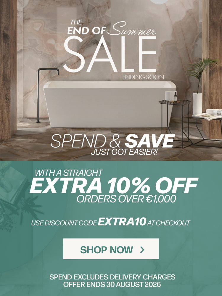 Promotional sale banner with a bathroom interior photo at the top, large text reading 'The End of Summer Sale' and 'Spend & Save Just Got Easier!', plus a teal lower section offering extra 10% off orders over €1,000 with a discount code and shop now button.