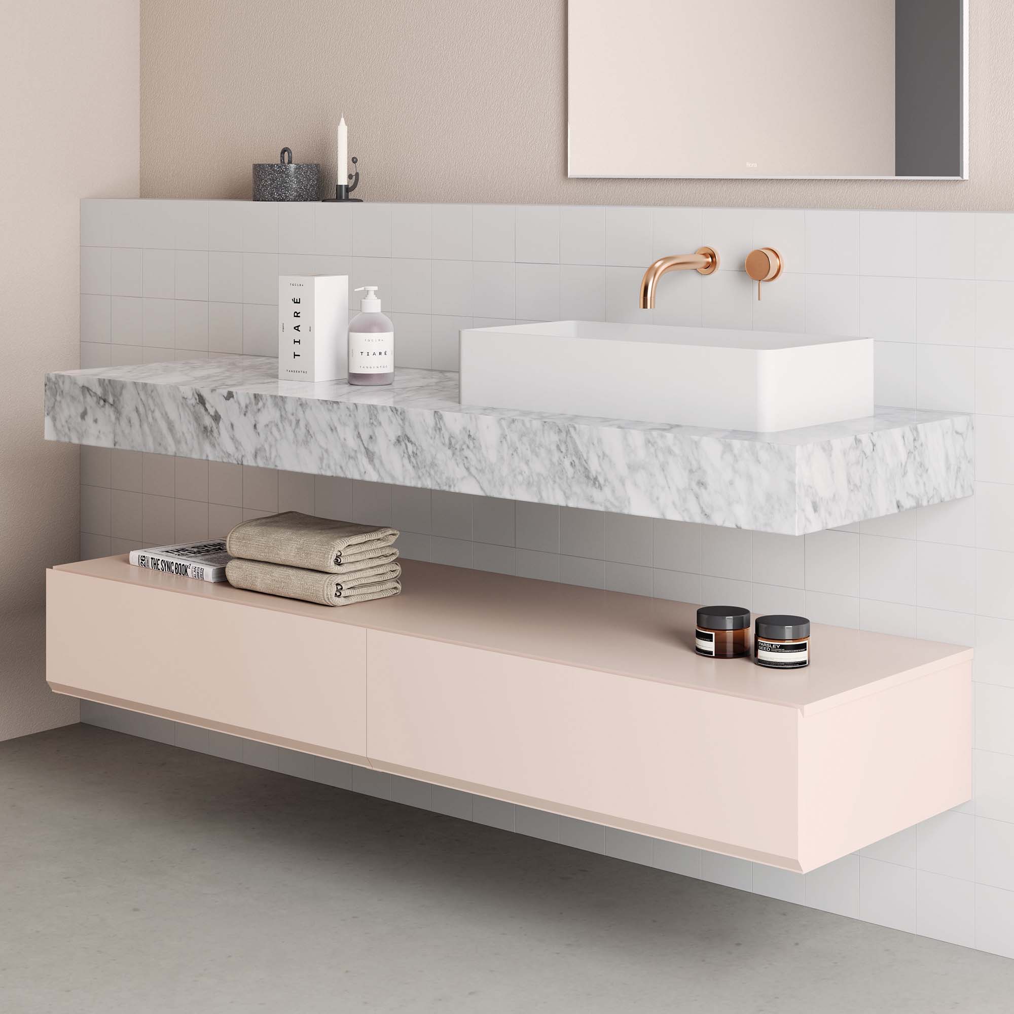 fiora making suspended vanity unit with floating blanco carrara worktop nude